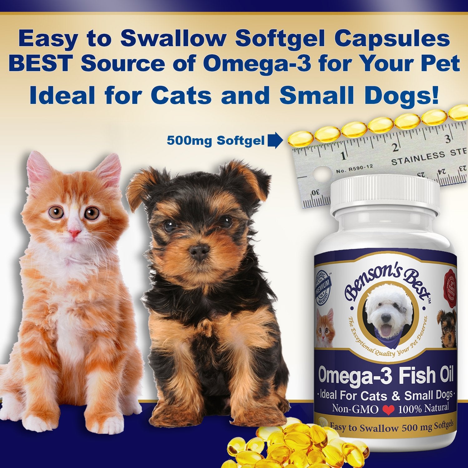 Bensons Best Omega 3 Fish Oil for Cats & Small Dogs - 200 Softgels 500mg - 43% More Omega 3 Fatty Acids Than Salmon Oil - 100%