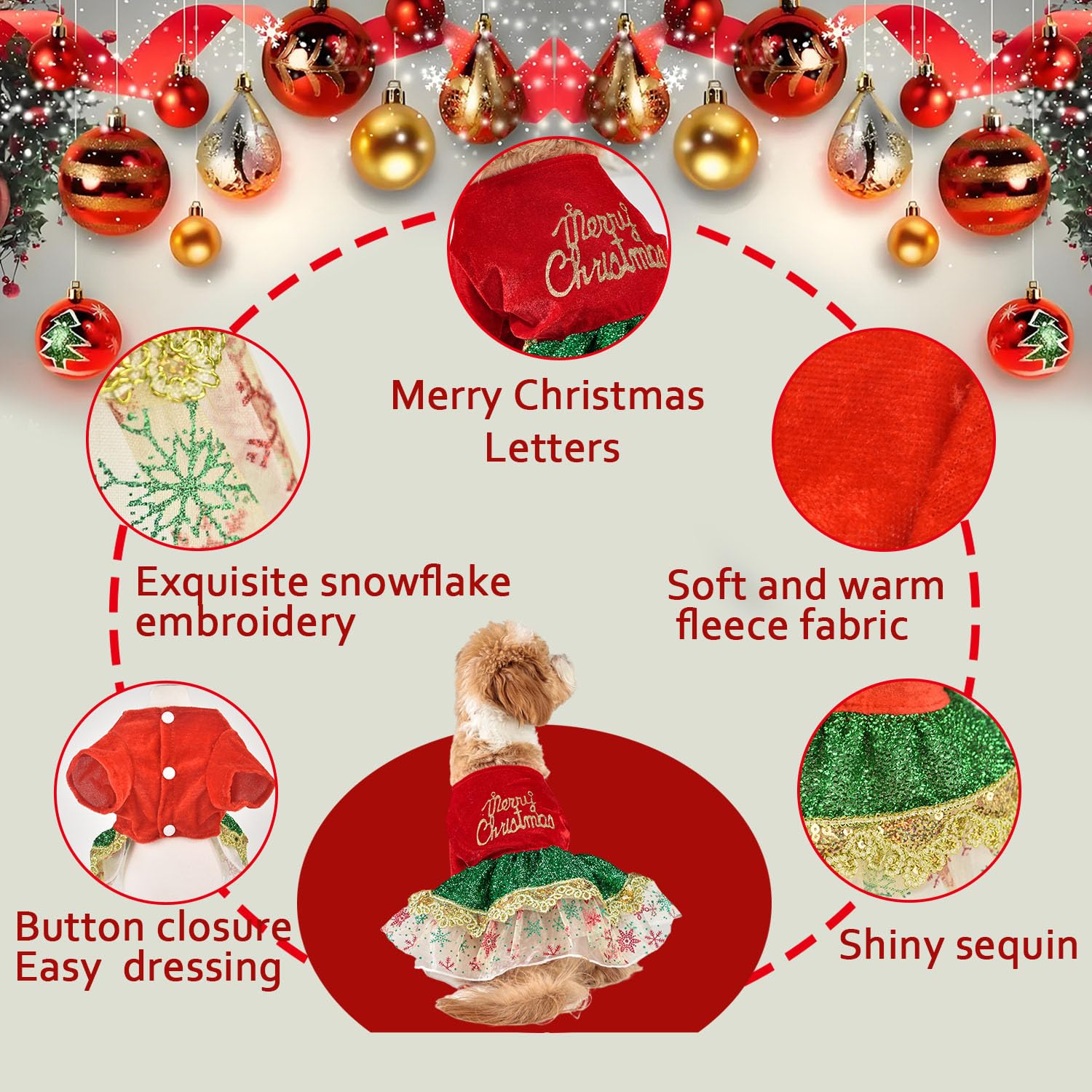 Muyaopet Merry Christmas Dog Dress Costume,Sparkly Pet Holiday Tulle Dress,Pet Winter Clothes For Small Dogs Girl,Cat Apparel (M