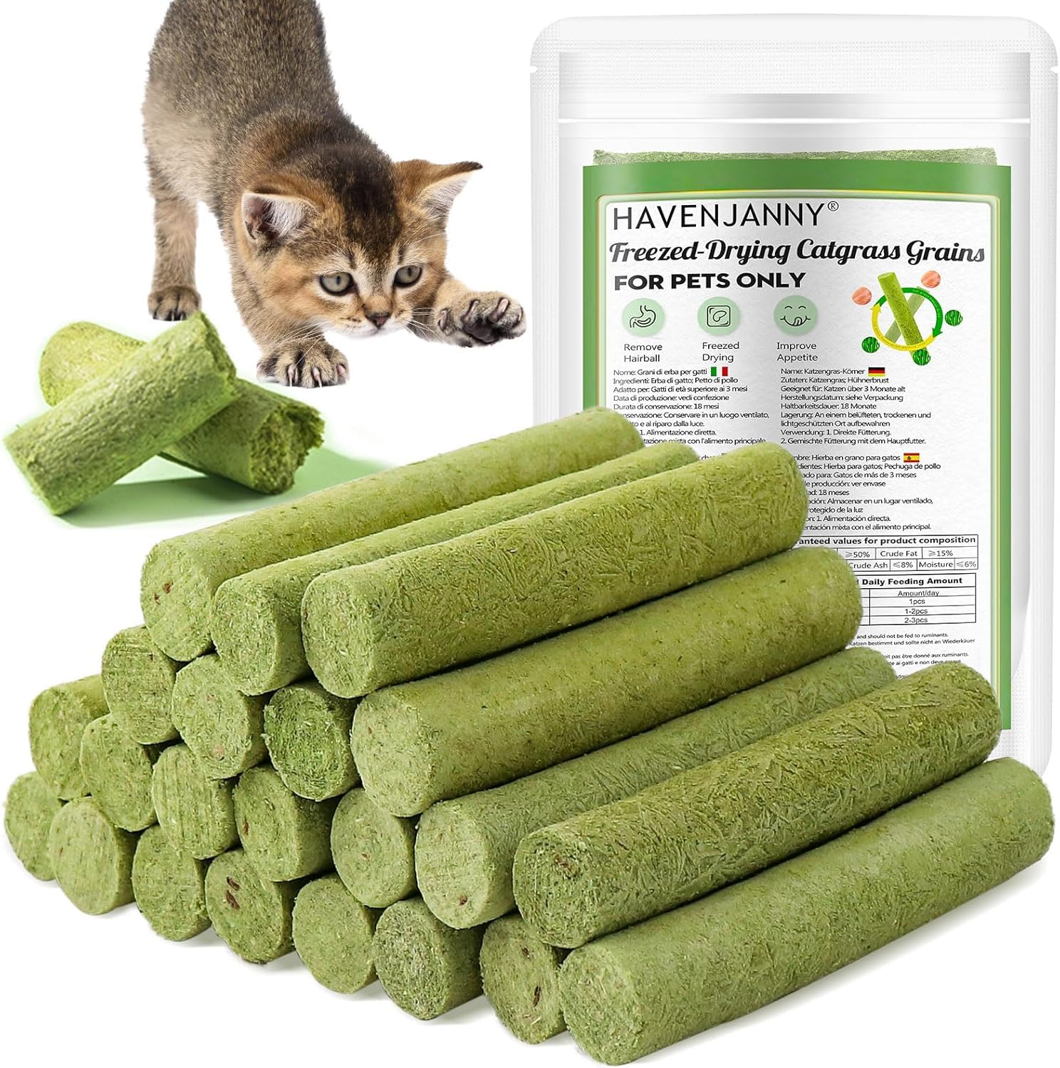 HavenJanny 100g Cat Grass Teething Stick, Freezed Drying Cat Grass Sticks Snacks for Cats, Edible Cats Treats for Teeth Cleaning