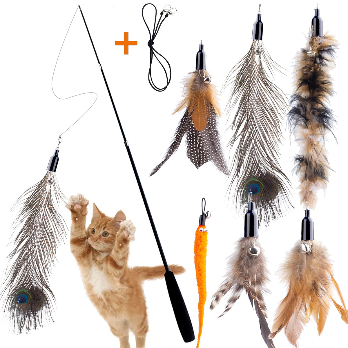 Apsuae Retractable Cat Wand Toy For Indoor Cats Interactive Cat Feather Toys With Bell 8 Packs Kitten Toys With Fishing Pole Rep