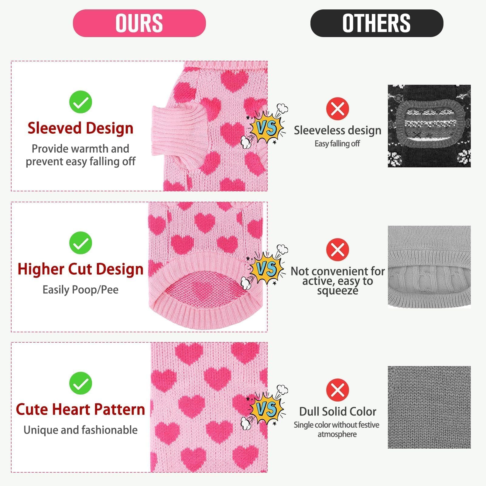 Kooltail Cat Sweater Turtleneck- Soft Pink Knit Cat Sweaters For Cats Only, Heart Love Pattern Thick Warm Cold Weather Clothes,