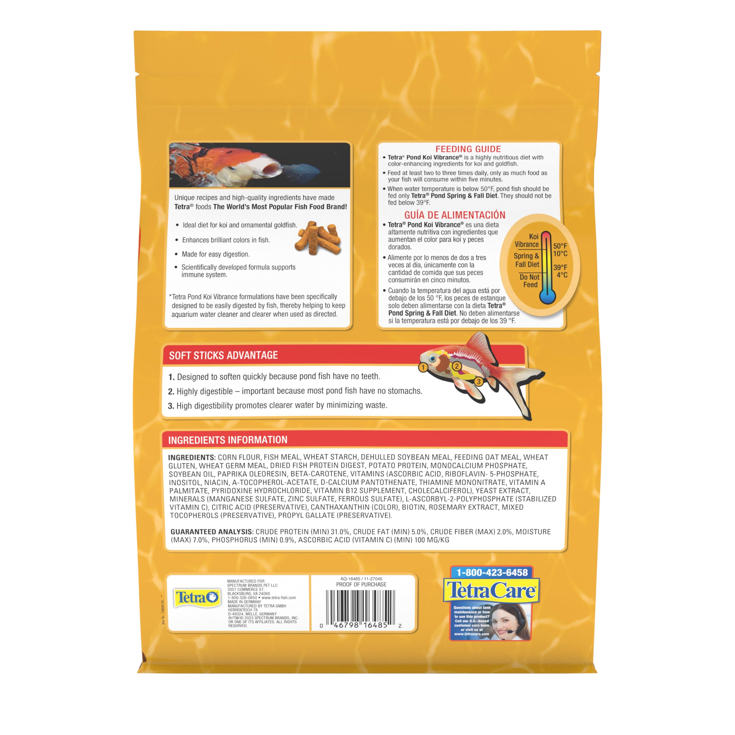 TetraPond Koi Vibrance Soft Sticks, Floating Pond Fish Food for Koi Fish and Ornamental Goldfish, 2.42 Pounds