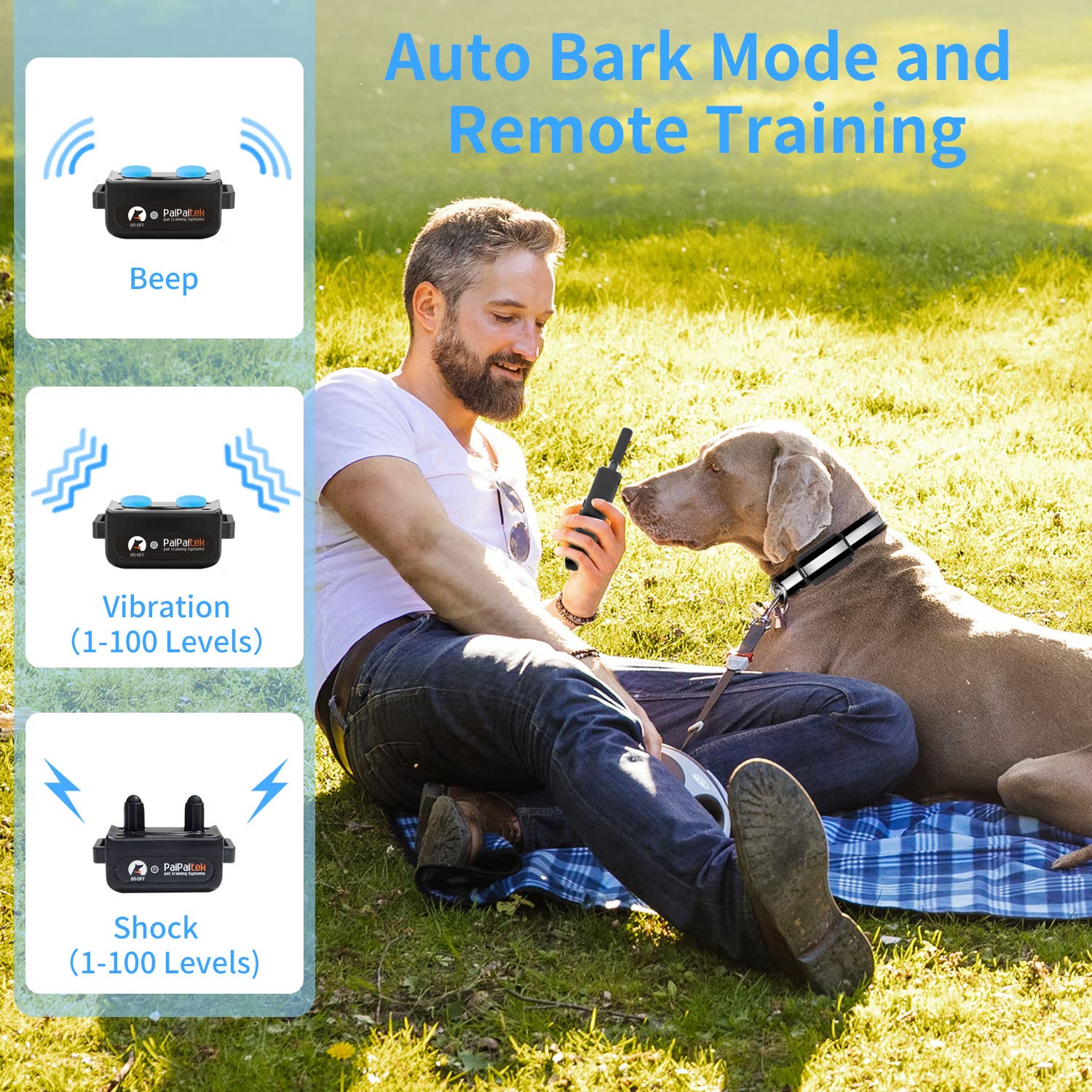PaiPaitek Bark Collar with Remote, Automatic Bark and Training Collar Combo with Beep, Vibration, Shock, Auto Bark Mode, Up to 3