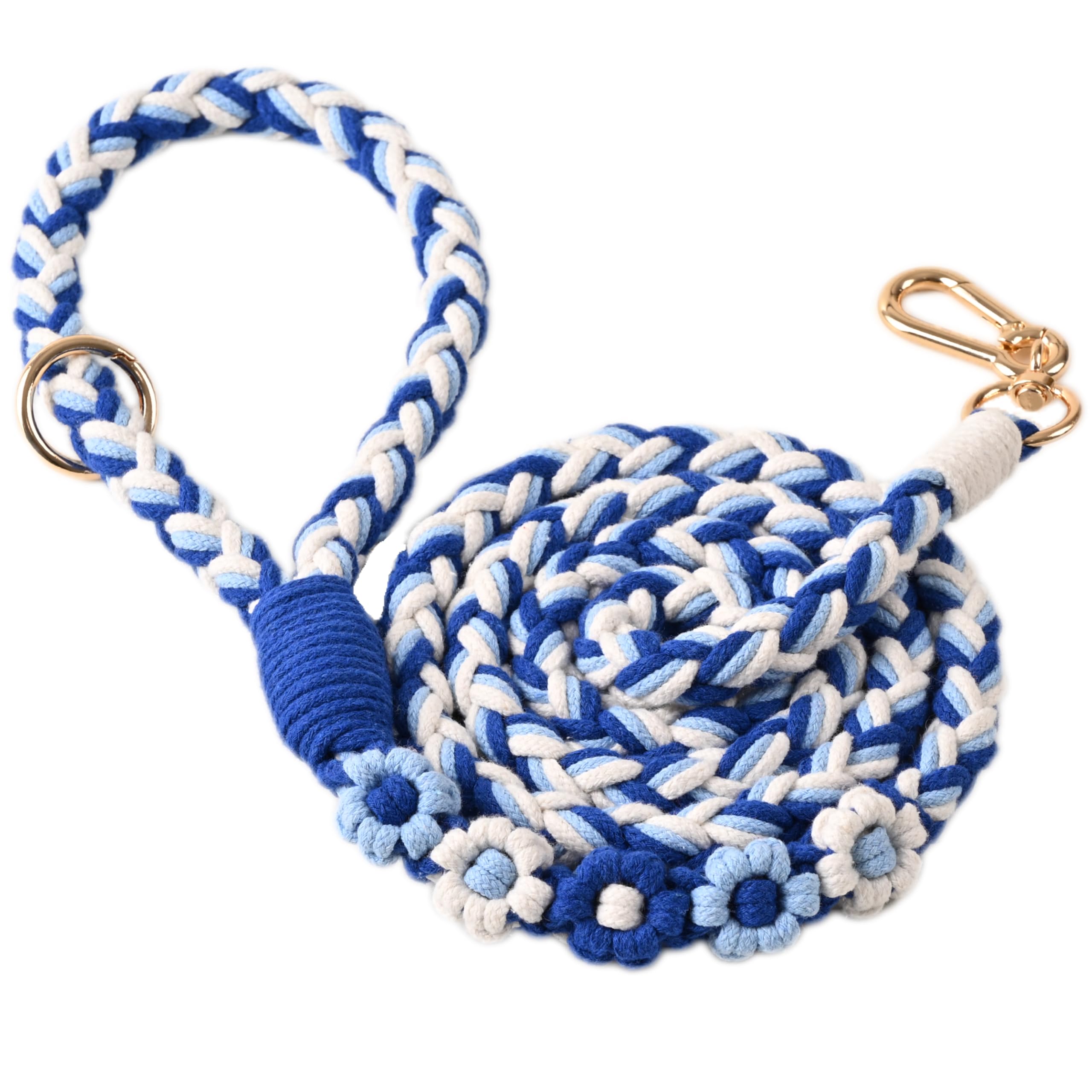 Handmade 5Ft Braided Cotton Dog Leash With Unique Floral Handle, Durable And Stylish, Ideal For Small To Large Dogs,Sea Wave