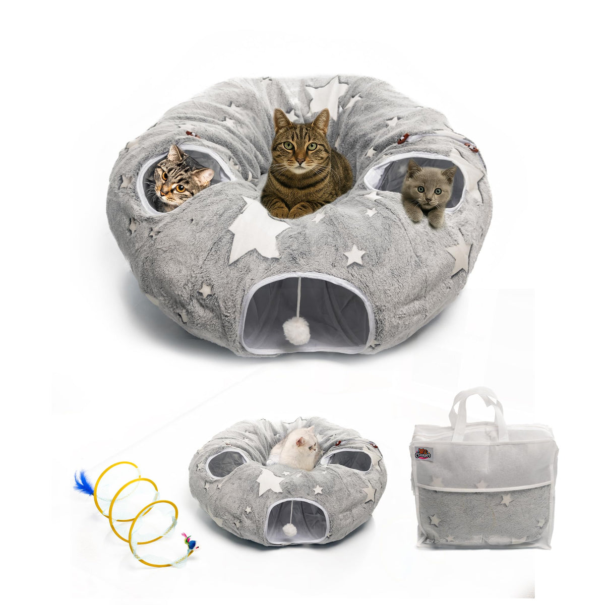 Claujen Cat Tunnels For Indoor Cats - Plush Donut Hideaway With Peekaboo Pet Cave, Washable Bed, Spiral Toy, Portable Storage Ba
