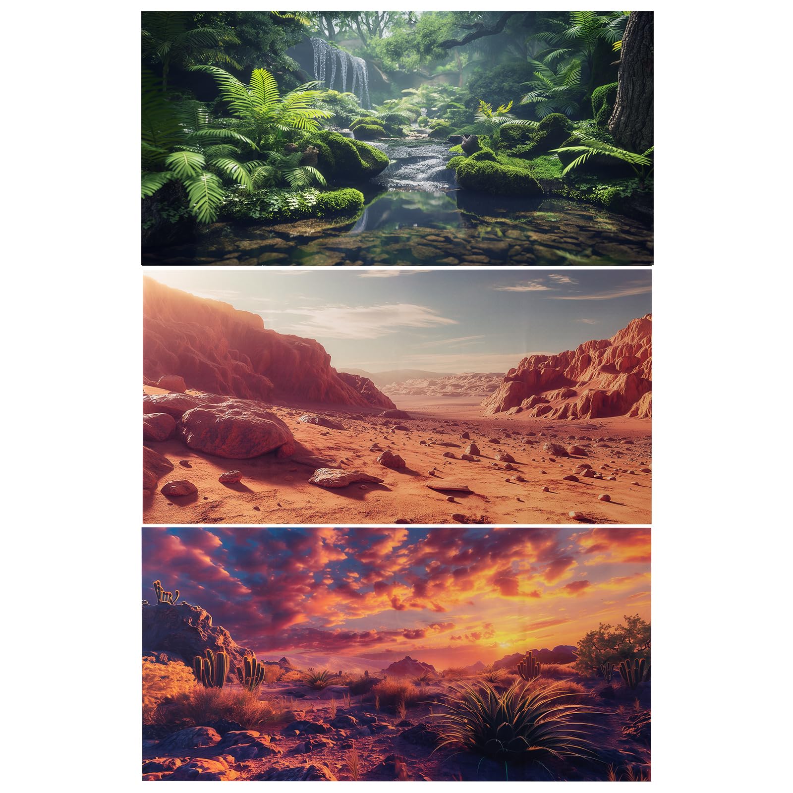 COMSUN 3 Pack Terrarium Background, 36x18 inches Polyester Reptile Background, Cloth Terrarium Background, Gobi Sunshine Cactus 