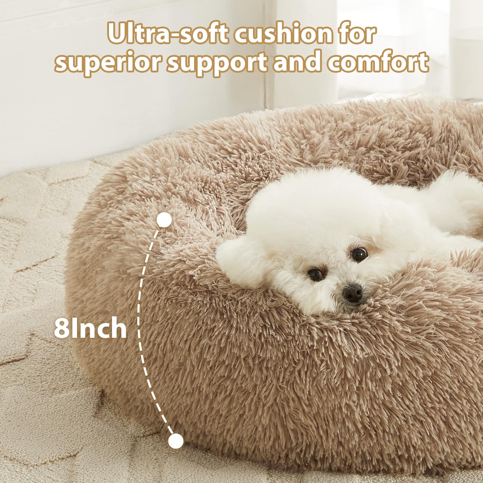 Wnpethome Calming Dog Bed, Anti-Anxiety Donut Small Dog Bed, Fluffy Faux Fur Cat Cushion, 27 X 27 Inch, Brown