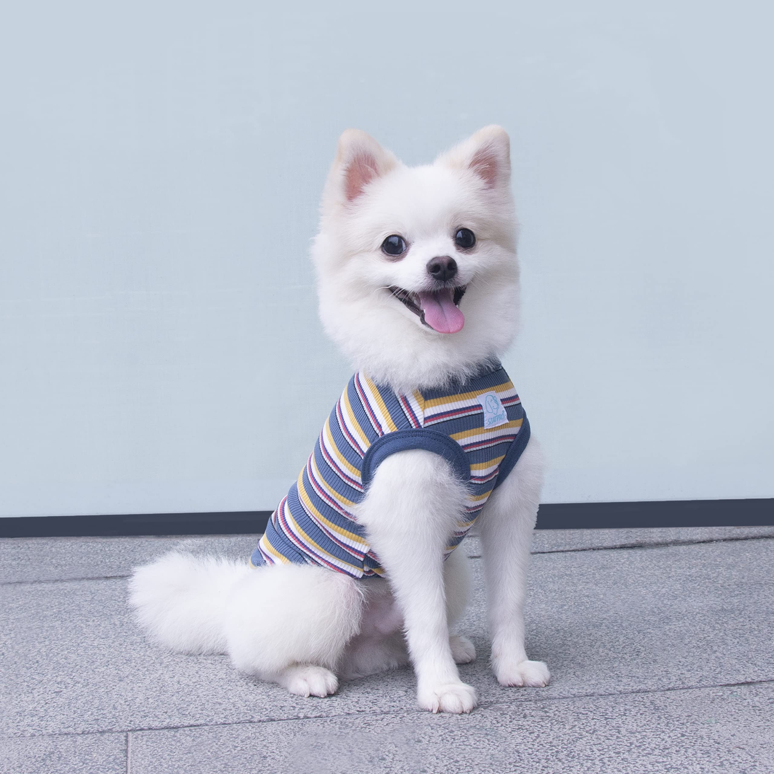 Szat Pro Striped Teacup Pet Dog T-Shirts, 100% Cotton Tank Vest For Small Dogs And Cats, Sleeveless Puppy Clothes For Chihuahua Yorkie Blue Yellow, X-Small