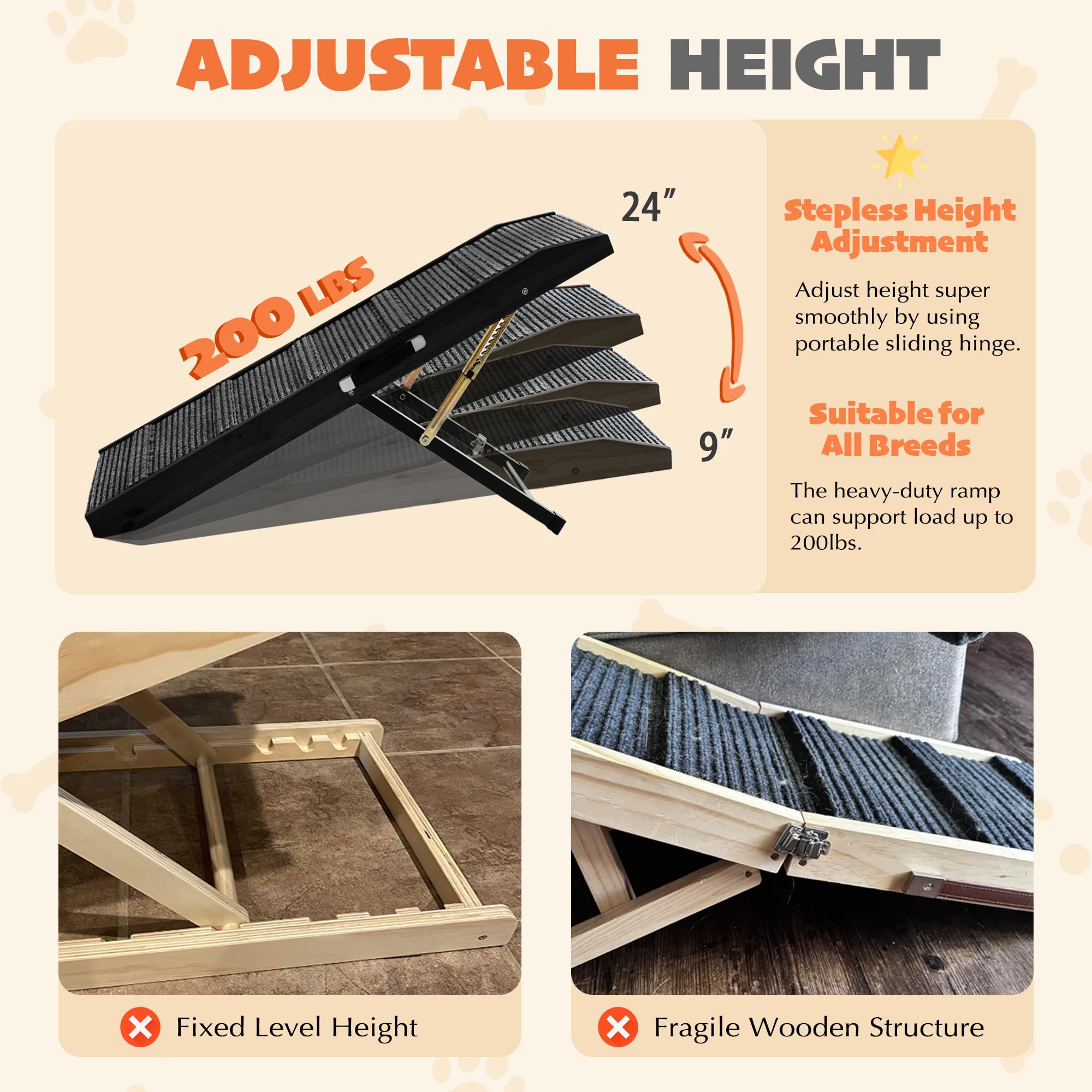 PETKARAY Dog Ramp for Bed, Indoor Dog Step for Couch, Folding Portable Stairs for Small Medium Large Dogs, 47 Long Adjustable He