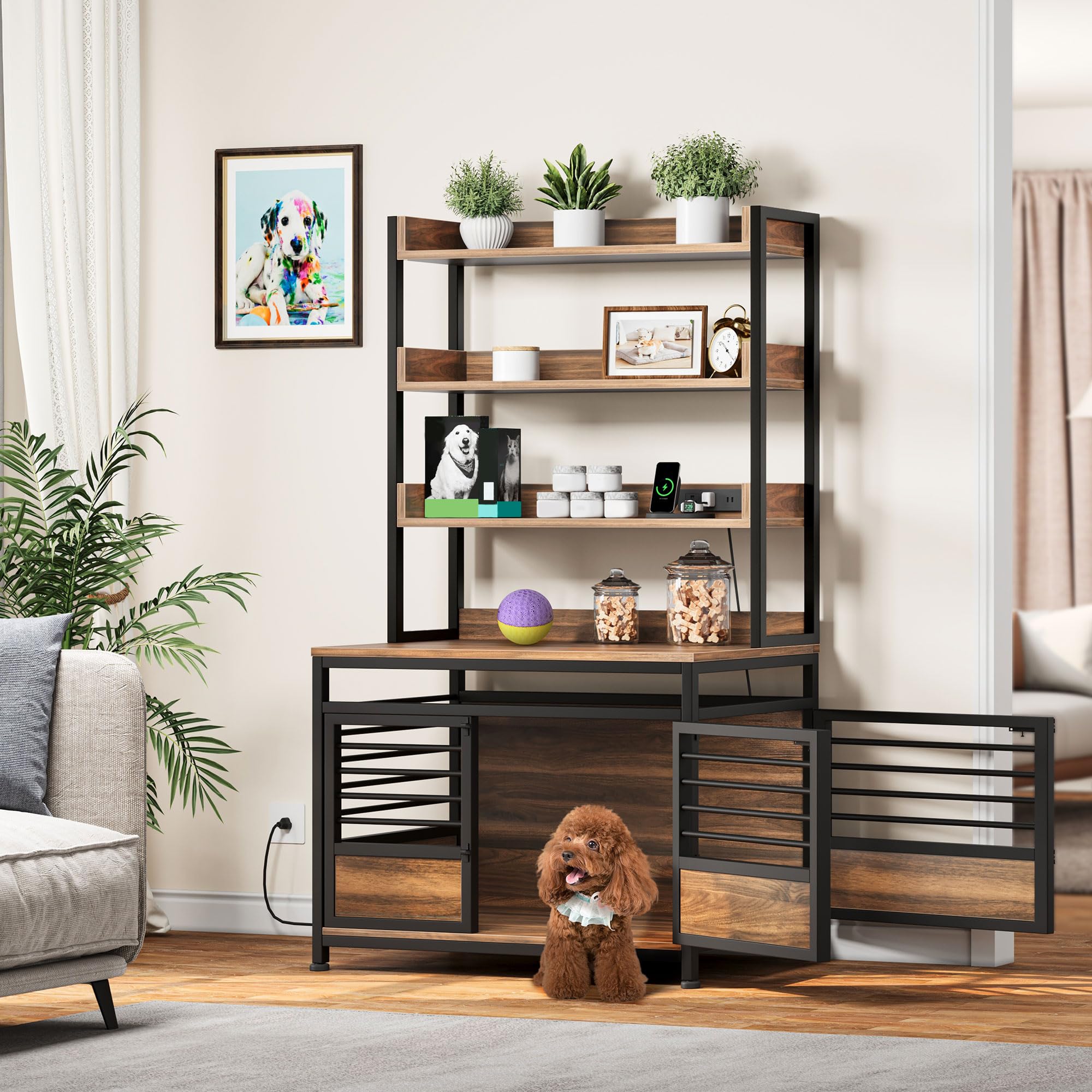 DWVO Dog Crate Furniture with Storage Shelves, Heavy Duty Dog Crate with Charging Station, 39 Inch Dog Kennel Indoor Furniture f