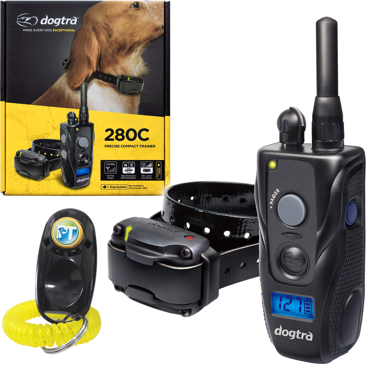 Dogtra 280C Remote Training E-Collar - 1/2 Mile Range - 127 Static Stimulation Levels, Vibration, Lcd Screen, Rechargeable, Waterproof, Electric Dog Collar For Obedience Training Of Small, Medium Dogs