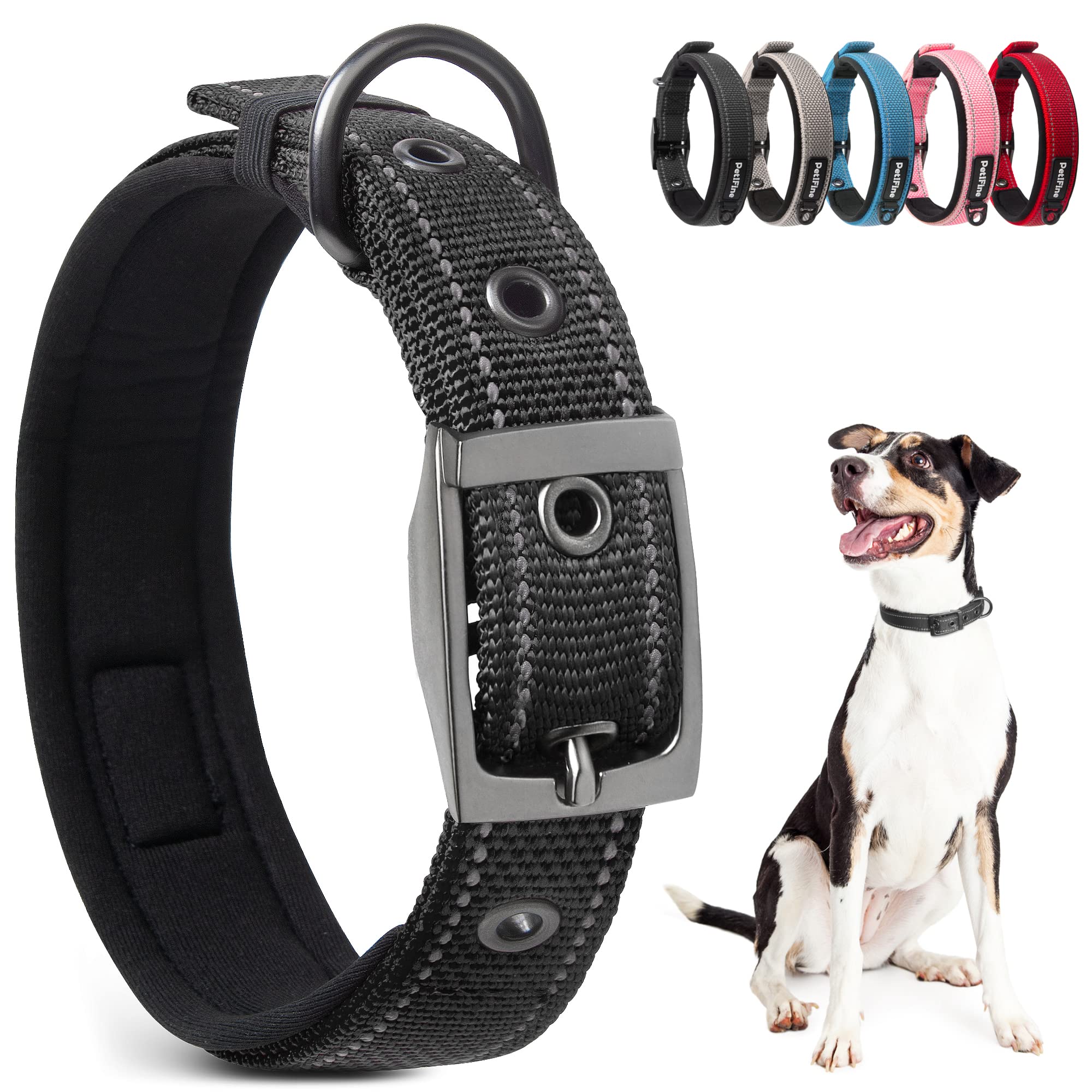 Petifine Neoprene Padded Dog Collar, Heavy Duty Comfort Dog Collar With Durable Metal Buckle, Reflective Adjustable Belt Buckle Dog Collars For Small Medium Large Dogs(11”-14.5“,Black)