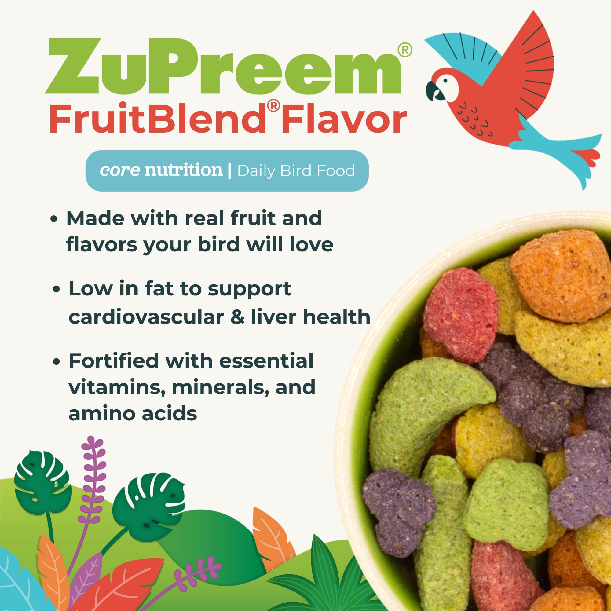 ZuPreem FruitBlend Bird Food, Bird Feed Pellets for Amazons, Cockatoos, & Macaws, ZuPreem Core Nutrition with Natural Fruit, Coc
