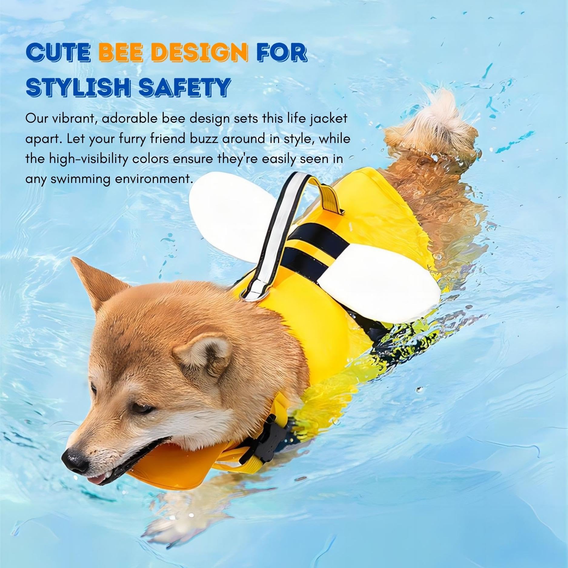 Dog Life Jacket With Cute Bee Design, Extra Chin Support, Reflective Accents And Strong Rescue Handle With Safety Leash Attachme