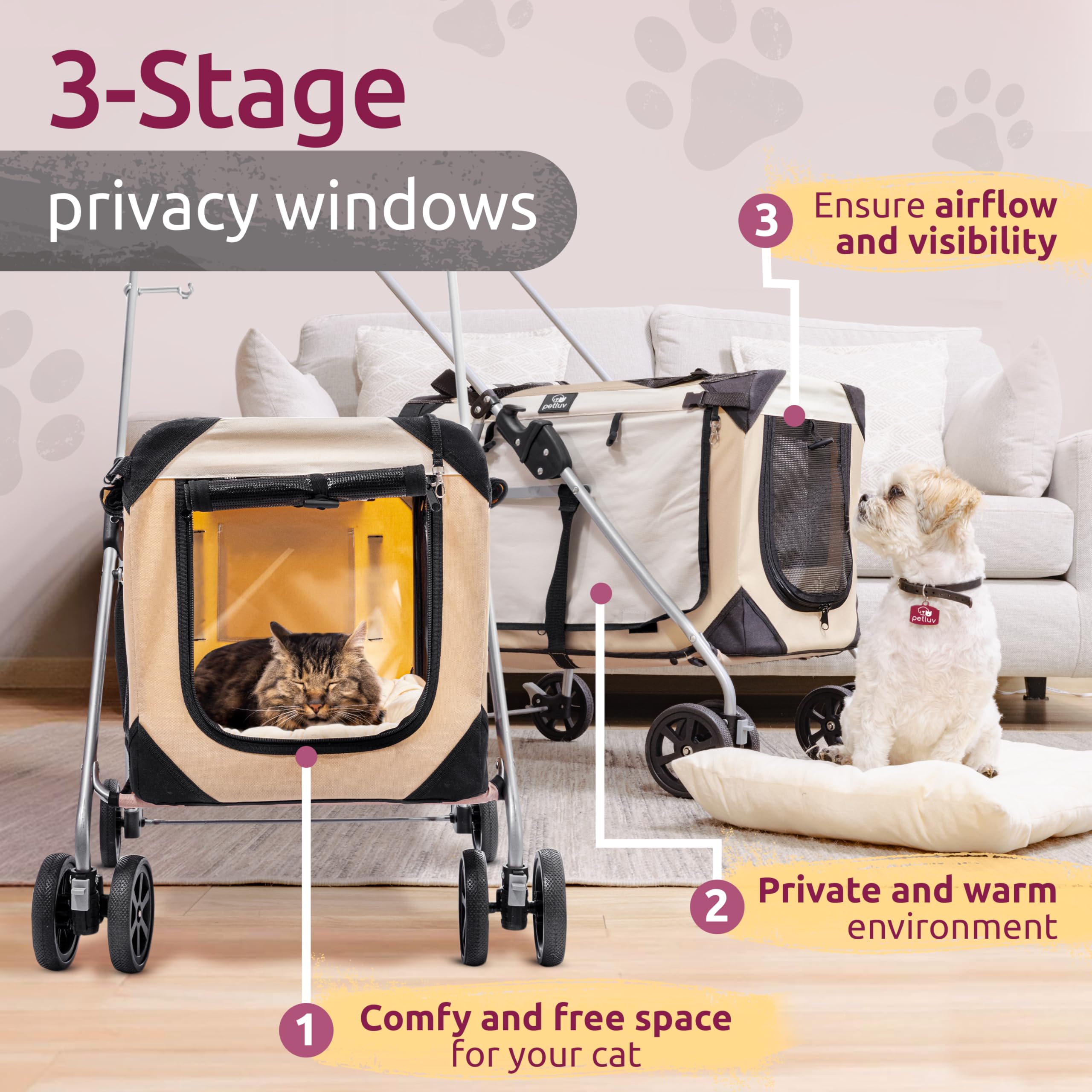 Petluv Pet Stroller, Fits 2 Cats, Small To Medium Dogs (Up To 45 Lbs), Detachable, Soft-Sided Pet Carrier, Collapsible, Includes