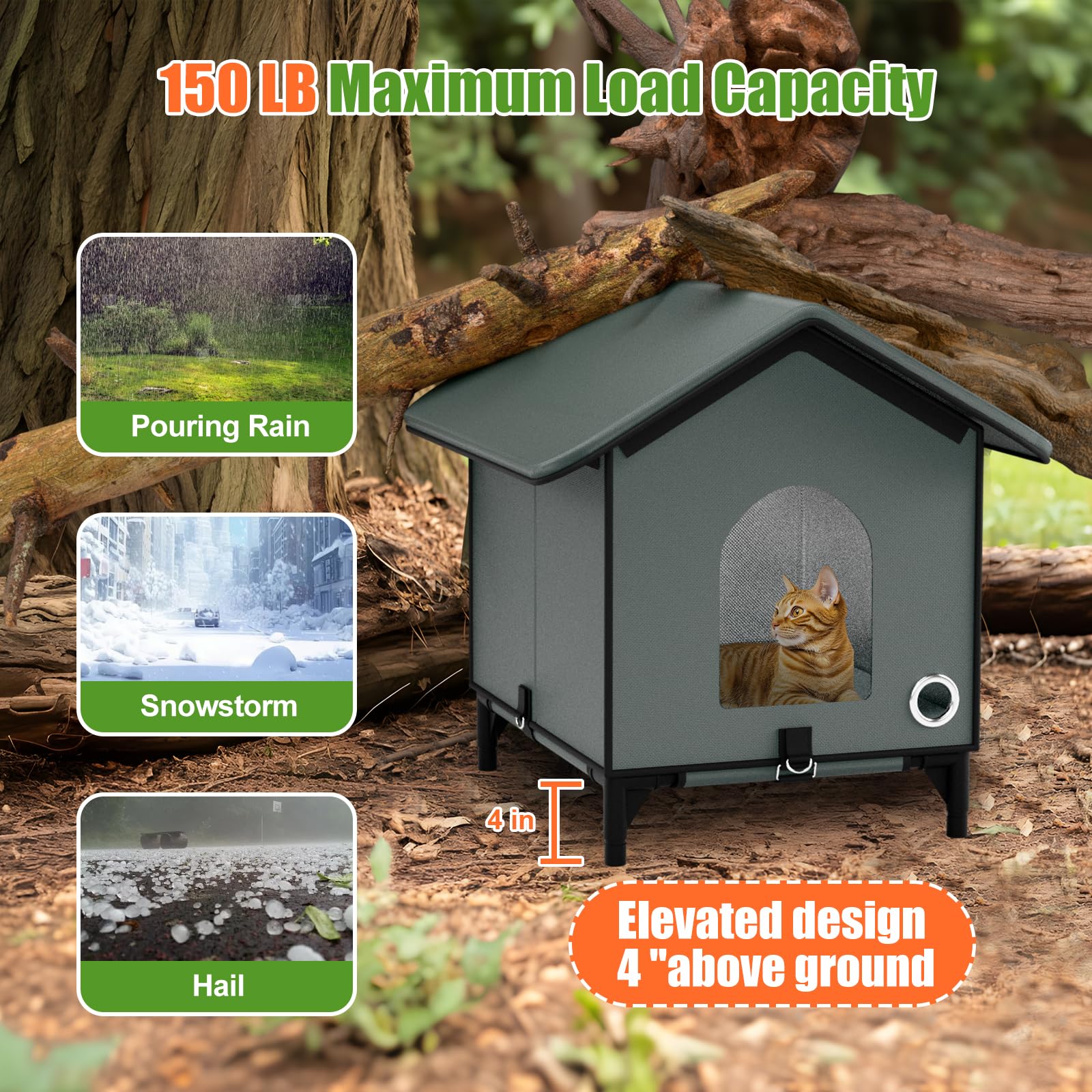 Large Size Heated Cat House For Outside, Outdoor Cat House For Winter Insulated Waterproof With Pet Heating Pad Suitable For Str