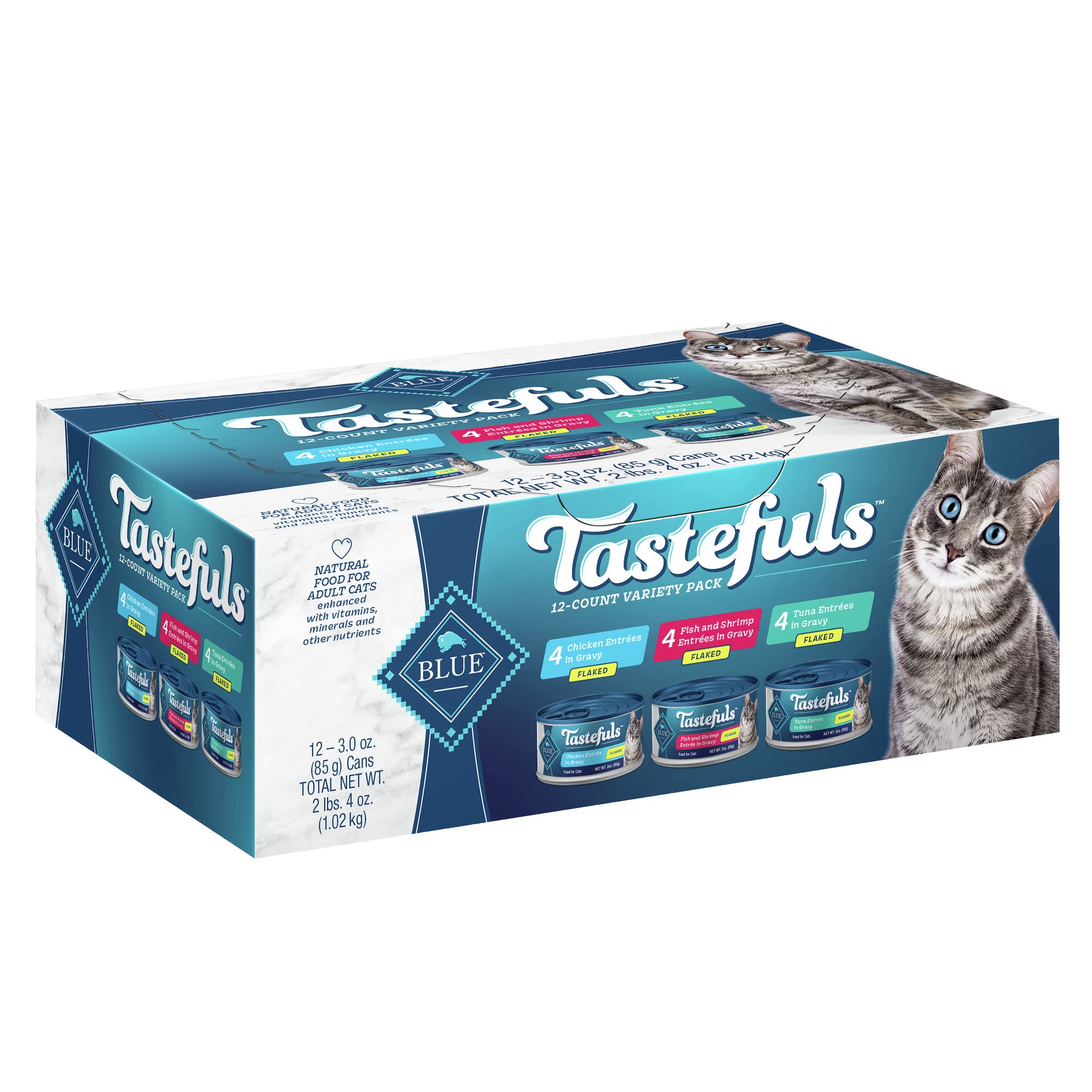 Blue Buffalo Tastefuls Flaked Wet Cat Food Variety Pack, Made with Natural Ingredients, Tuna, Chicken, Fish & Shrimp, 3-oz Cans 