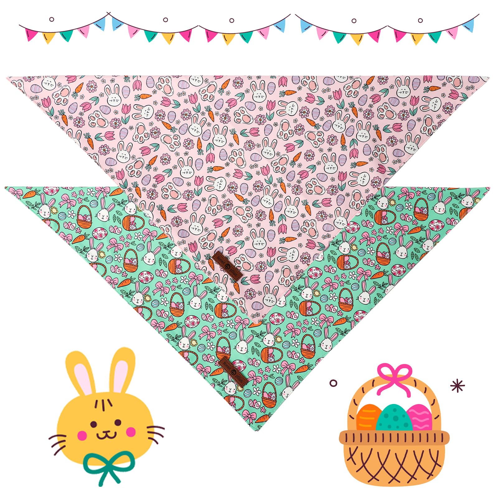 Lionet Paws Easter 2Pcs Dog Bandanas, Pink Rabbit Dog Scarf Bib Premium Fabric,Cute Rabbit Claw Flower Bandanas For Small Medium