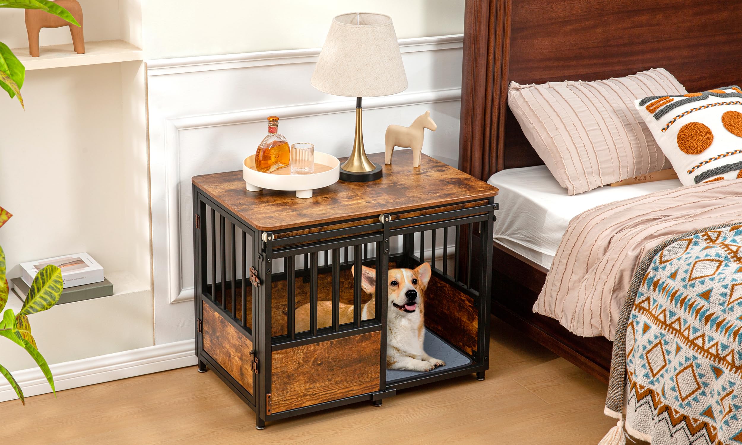 KOOPRO 32" Wooden Dog Crate Furniture, Heavy Duty Indoor Kennel, Rustic Brown, Double Doors, Model KO230501-000S-01
