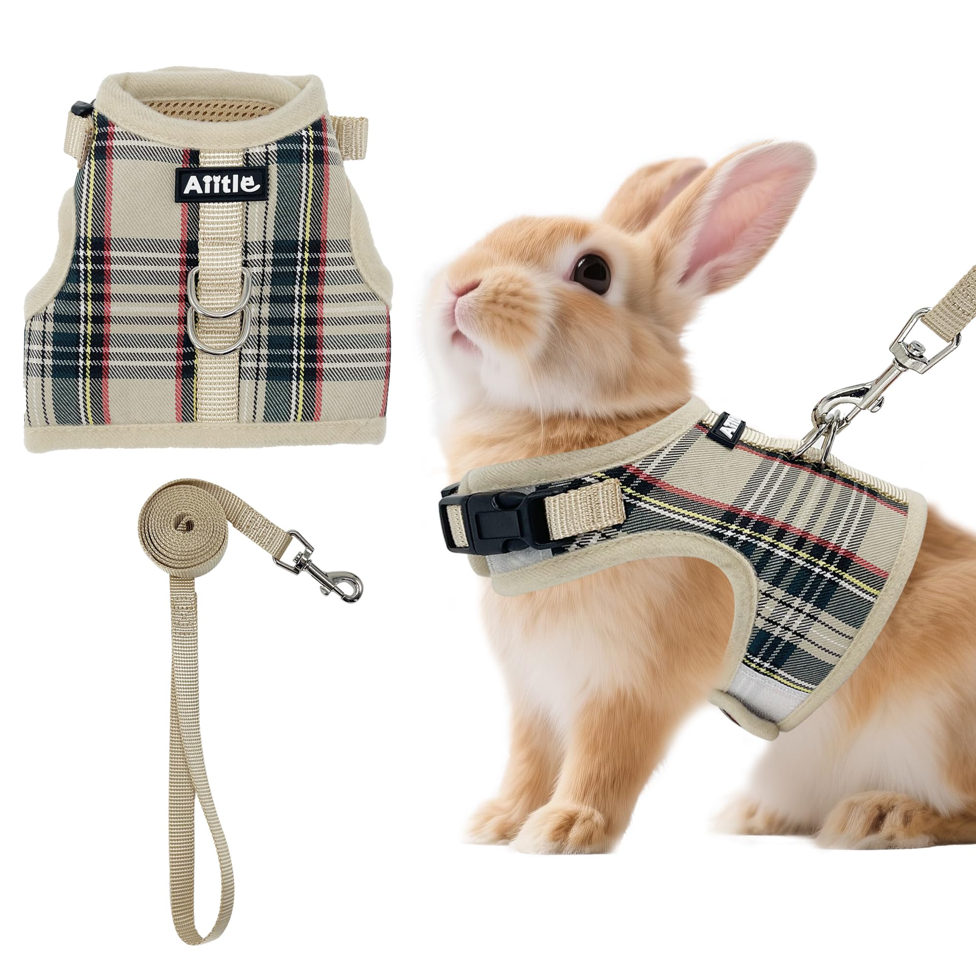 AIITLE Breathable Rabbit Harness and Leash Set - Plaid Pattern Padded Vest with Magic Tape Design, Dual D-Rings, Adjustable for 