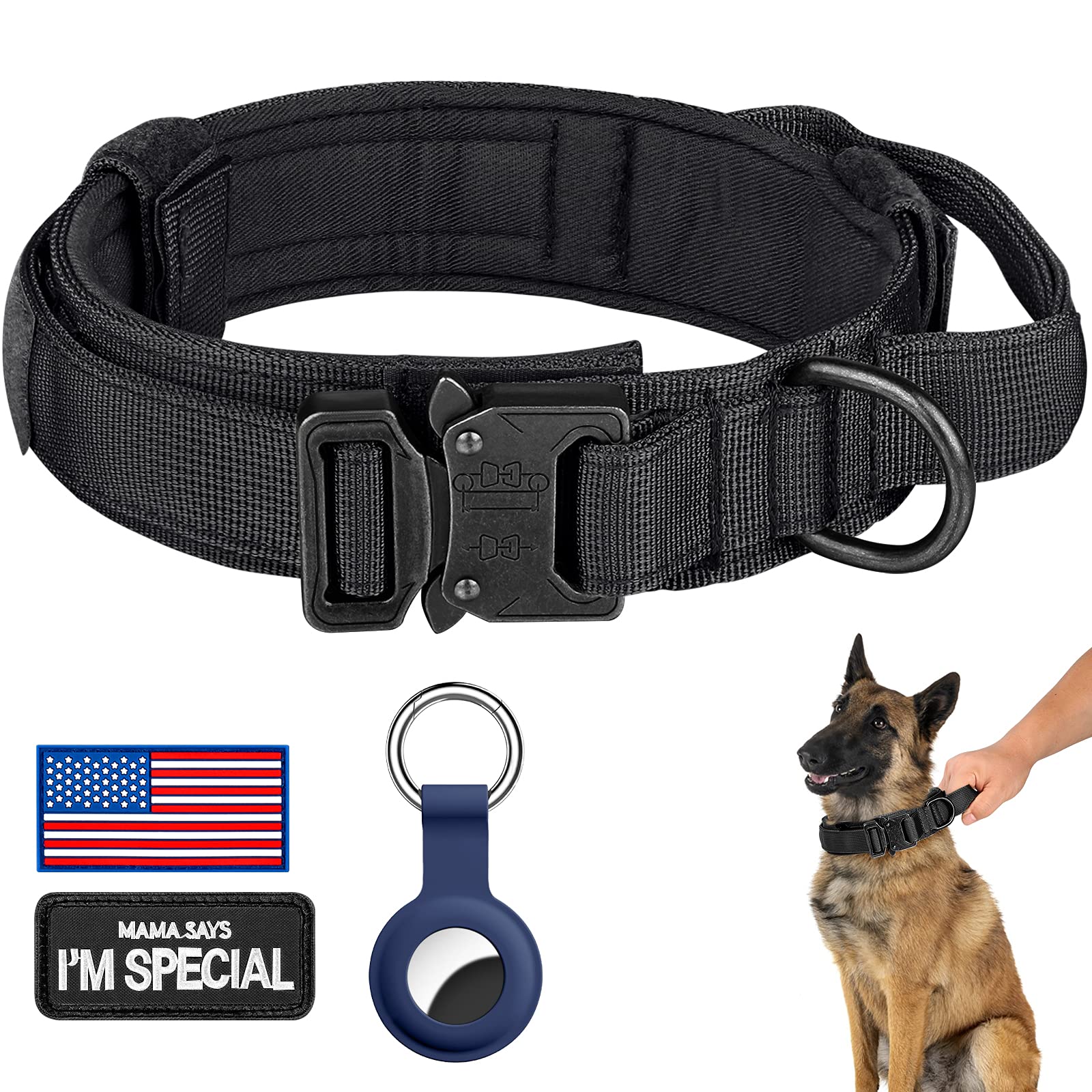Daganxi Tactical Dog Collar, Adjustable Military Training Nylon Dog Collar With Control Handle And Heavy Metal Buckle For Medium And Large Dogs, With Patches And Airtags Case (Xl, Black)