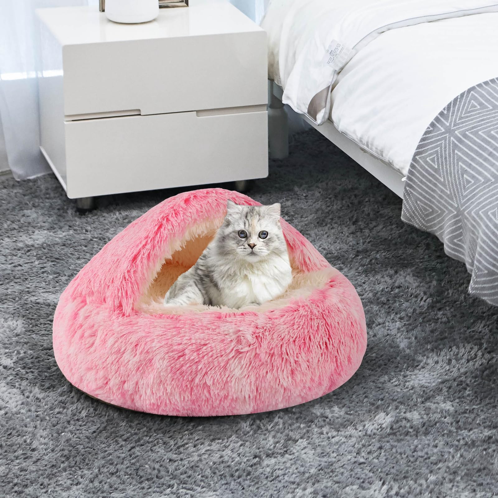 Round Hooded Cat & Dog Bed Cave, Faux Fur Cuddler - Donut Bed Fits Up To 5 Lbs Pets (Pink, 16'' X 16'')