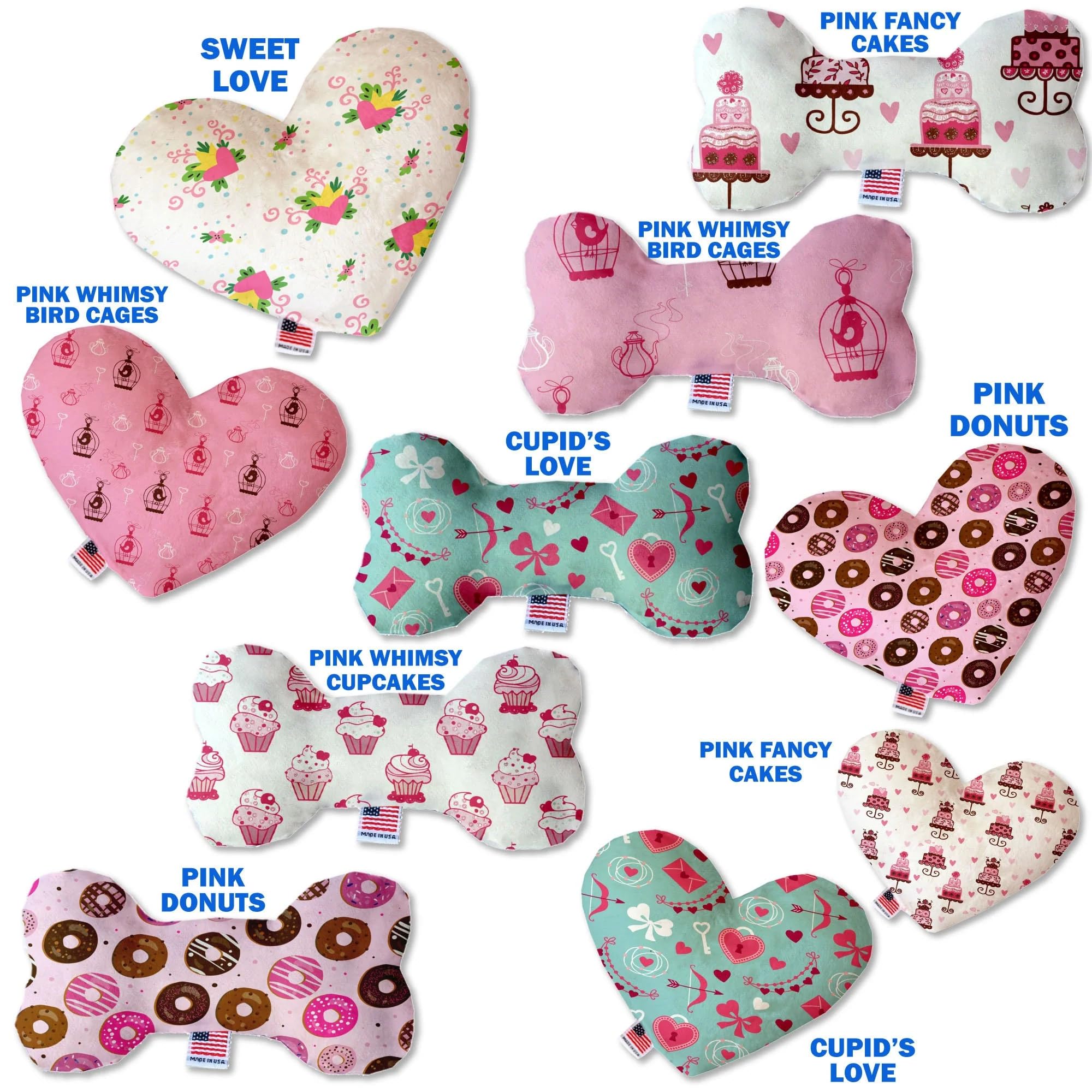 Valentine's Day Pet & Dog Plush Heart or Bone Toy, &quot;Sweet Love Group&quot; (Available in different sizes and 6 pattern options!) Pink WhimsyBirdCages 8&quot; Plush Bone