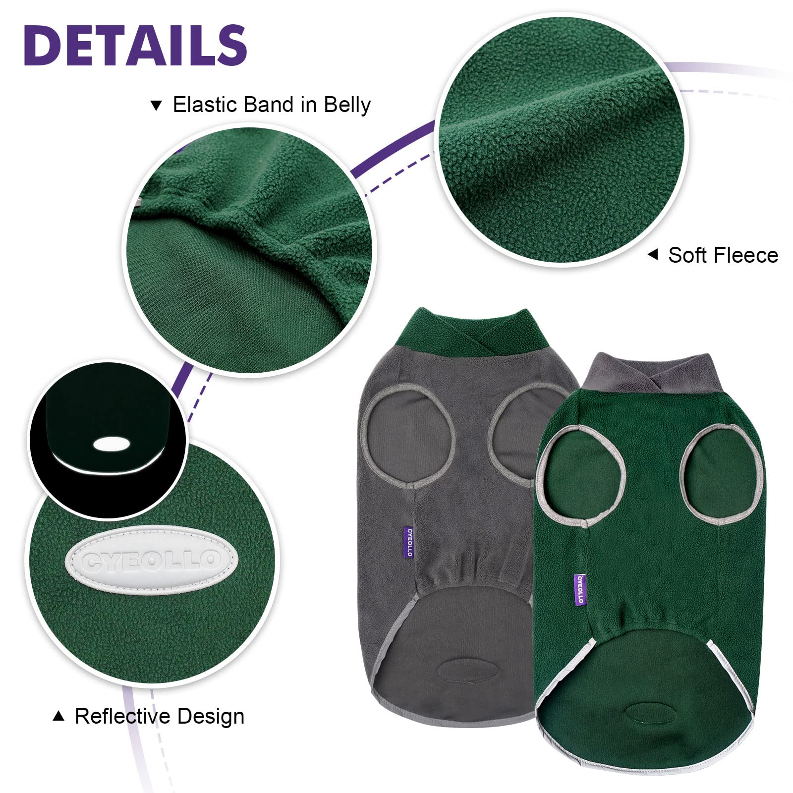 Cyeollo 2 Pack Dog Sweaters Stretchy Fleece Sweatshirt With Reflective Stripe Pullover Stretchable Dog Sweater Dog Clothes For Small Puppy Dogs Cats Size S Green & Grey