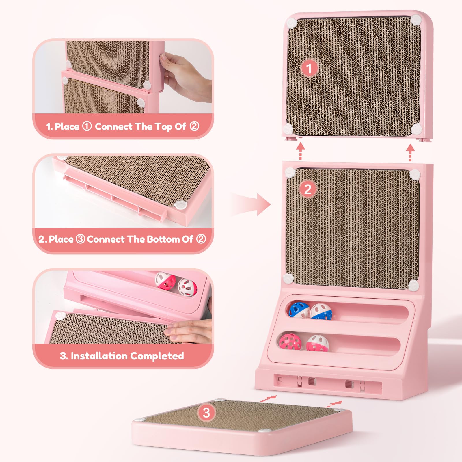 Goosheep L Shaped Cat Scratcher With Replacement Pads - Wall Scratching Board & Ball For Indoor Cats - Pink