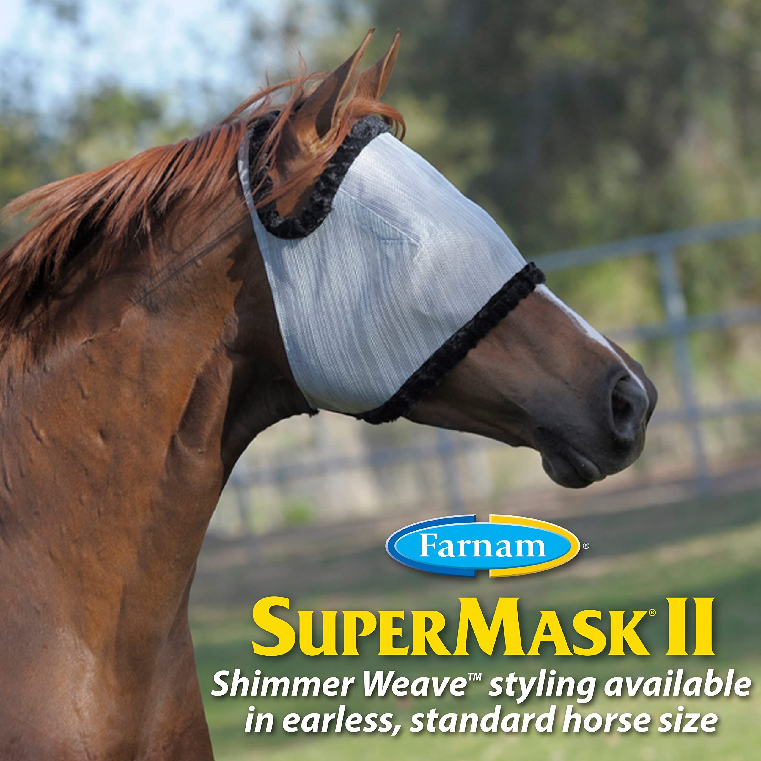 Farnam SuperMask II Horse Fly Mask, Silver/Black, Soft Mesh, Eye Protection, Model 100503737, Without Ears, Horse Size