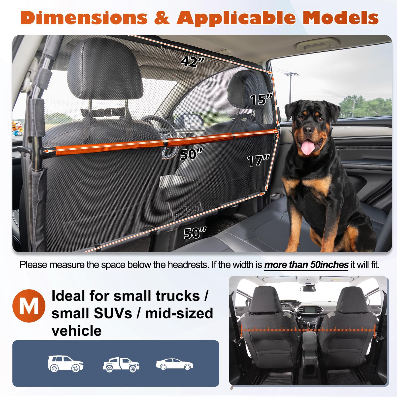 Furggis Dog Car Barrier, 50'' Wide See Through Car Divider Back Seat For Cargo Area,Travel Trunk Backseat Car Net Mesh Separator