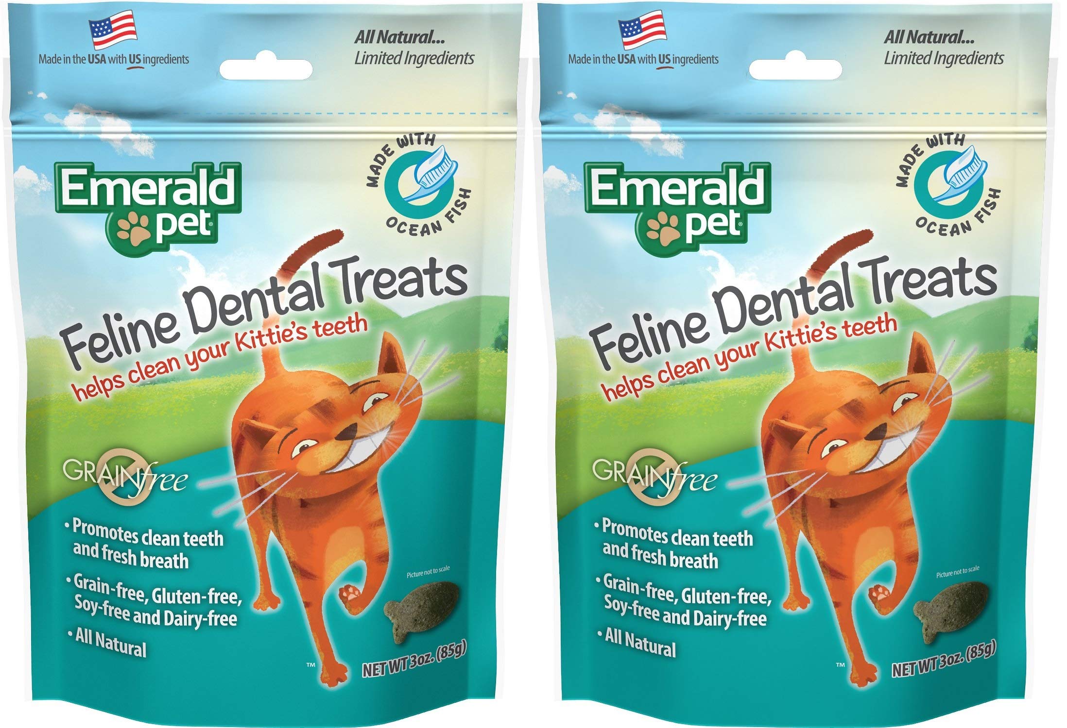 Emerald Pet 2 Pack of Feline Dental Treats for Cats, 3 Ounces Each, with Ocean Fish, Made in The USA