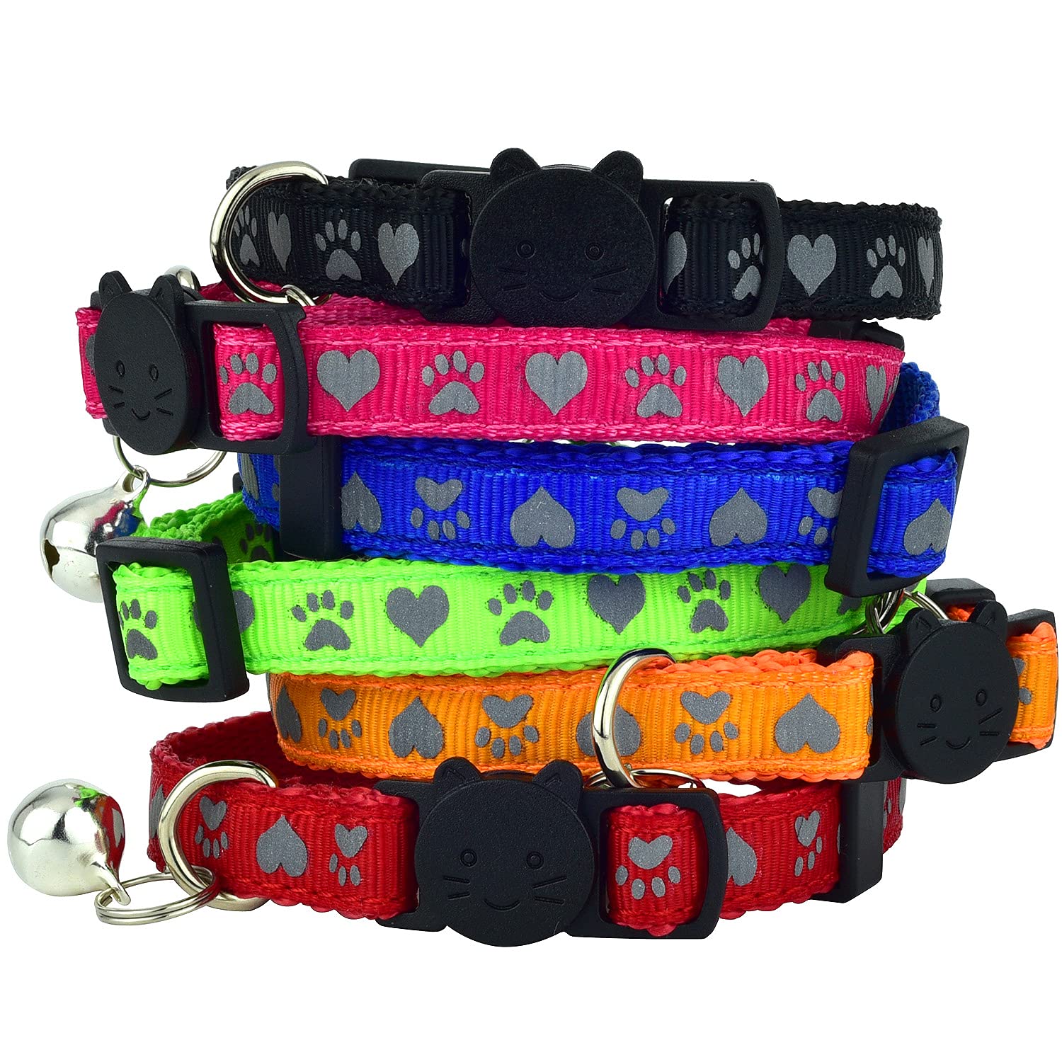 Reflective Cat Collar With Bell, Set Of 6, Solid & Safe Collars For Cats, Nylon, Mixed Colors, Pet Collar, Breakaway Cat Collar, Free Replacement (Mixed)