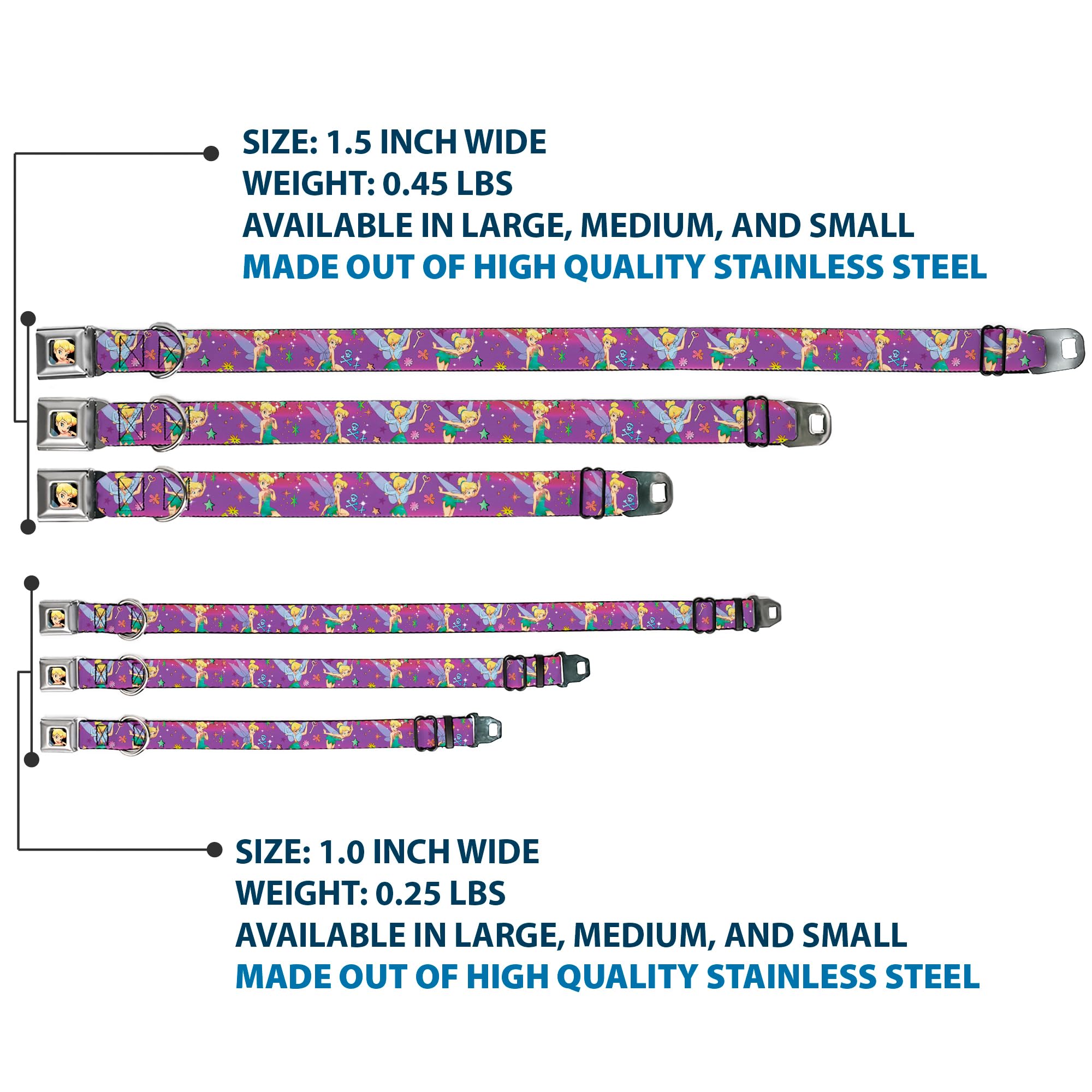 Dog Collar Seatbelt Buckle Tinker Bell Poses Flowers Stars Skull Purple 18 To 32 Inches 1.5 Inch Wide