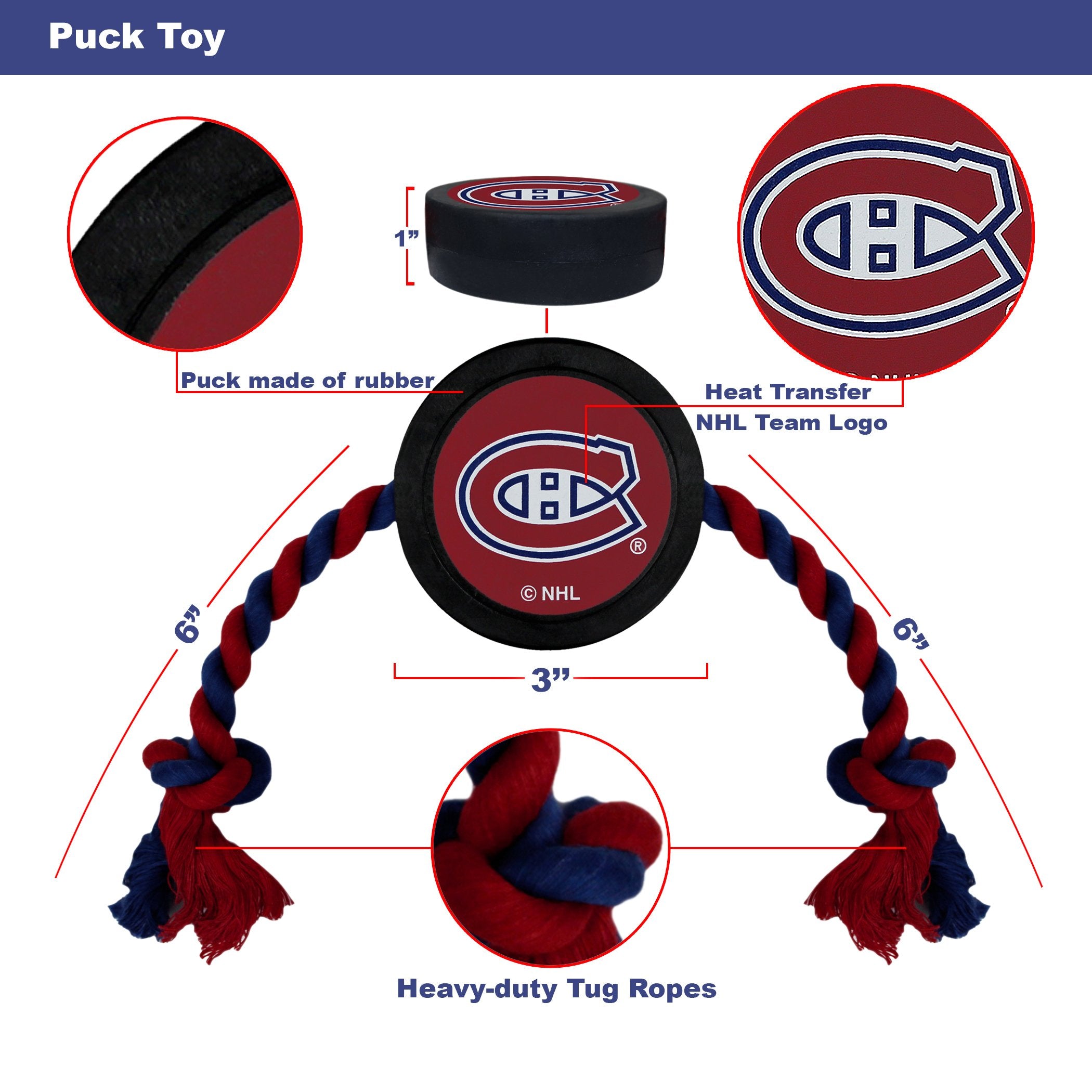 Pets First Dog Rubber Toy with Heavy-Duty Rope Tug. NHL Montreal Canadiens Puck Toy for Dogs & Cats. Play Hockey with Your Pet!