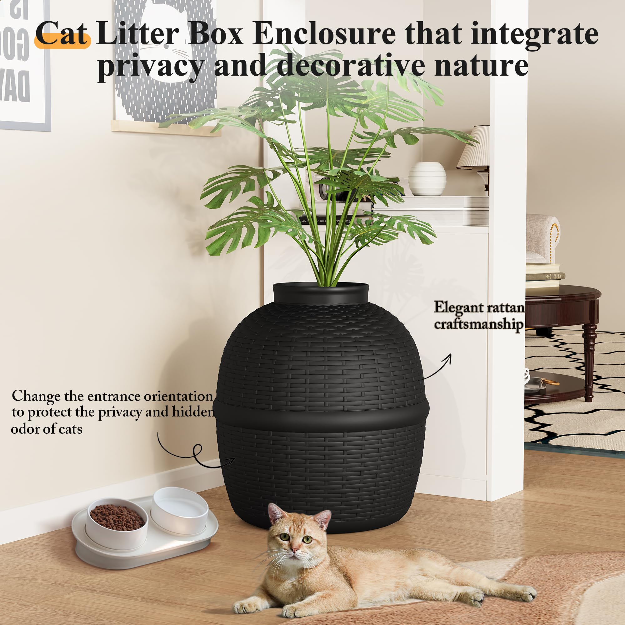 Hidden Litter Box With Faux Plant, Large Cat Litter Box With Rattan Pattern, Heavy Duty Pp Material Litter Box Enclosure Furnitu