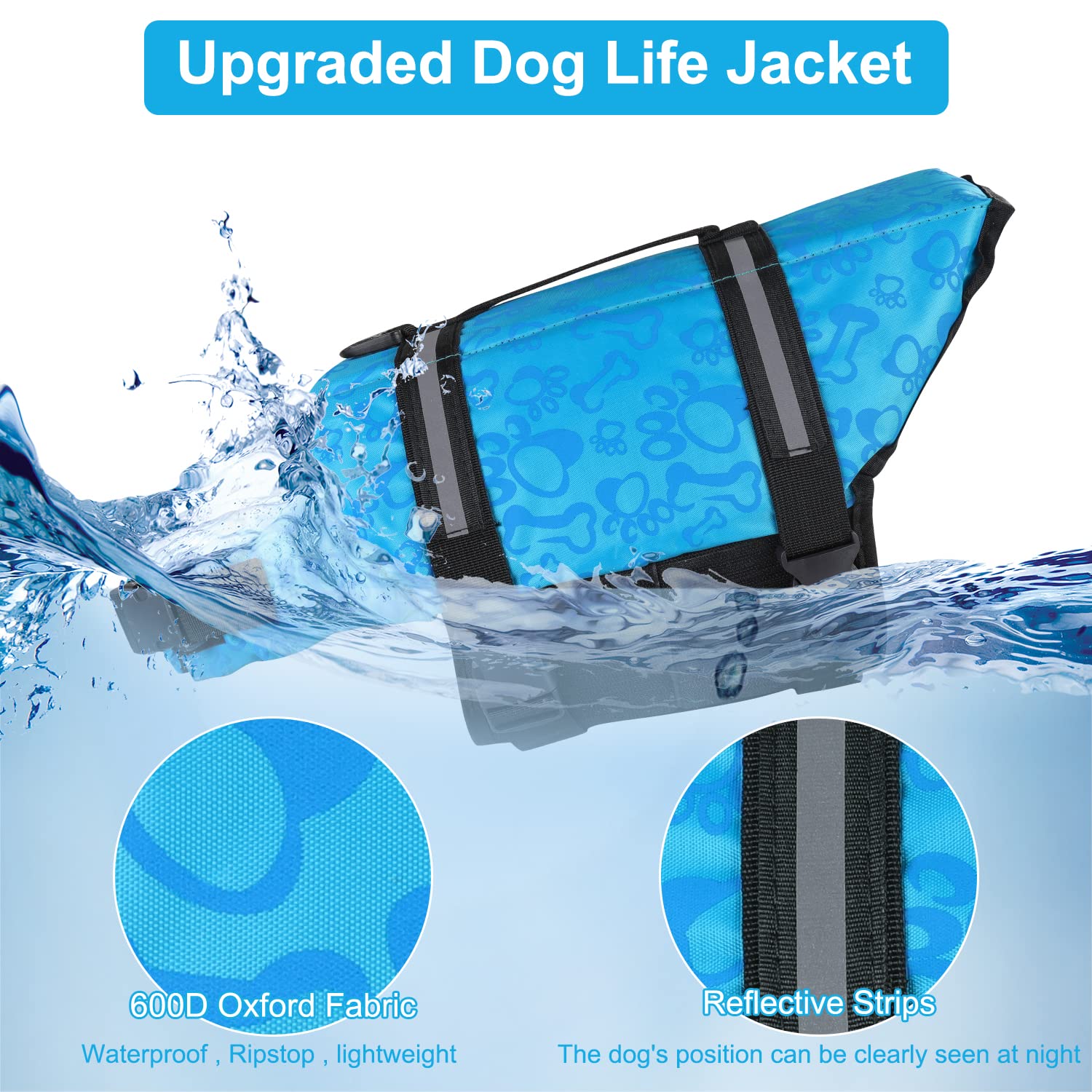 Haocoo Dog Life Jacket Vest Saver Safety Swimsuit Preserver With Reflective Stripes/Adjustable Belt Dogs?Blue Bone,S