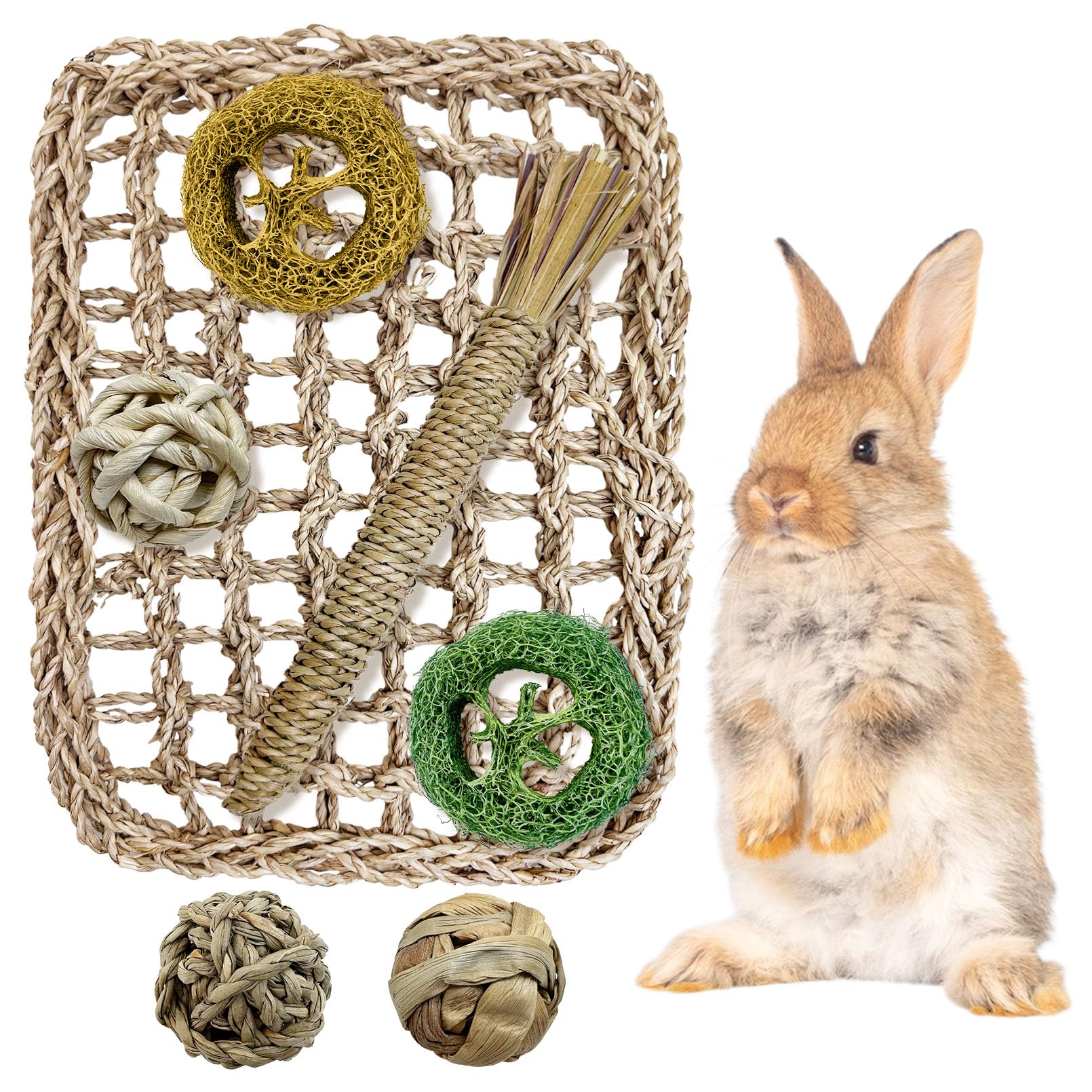 Hamiledyi Rabbit Seagrass Activity Mat Bunny Toy Hanging Rabbit Chew Toys For Teeth Rabbit Enrichment Toys Seagrass Protector Ma