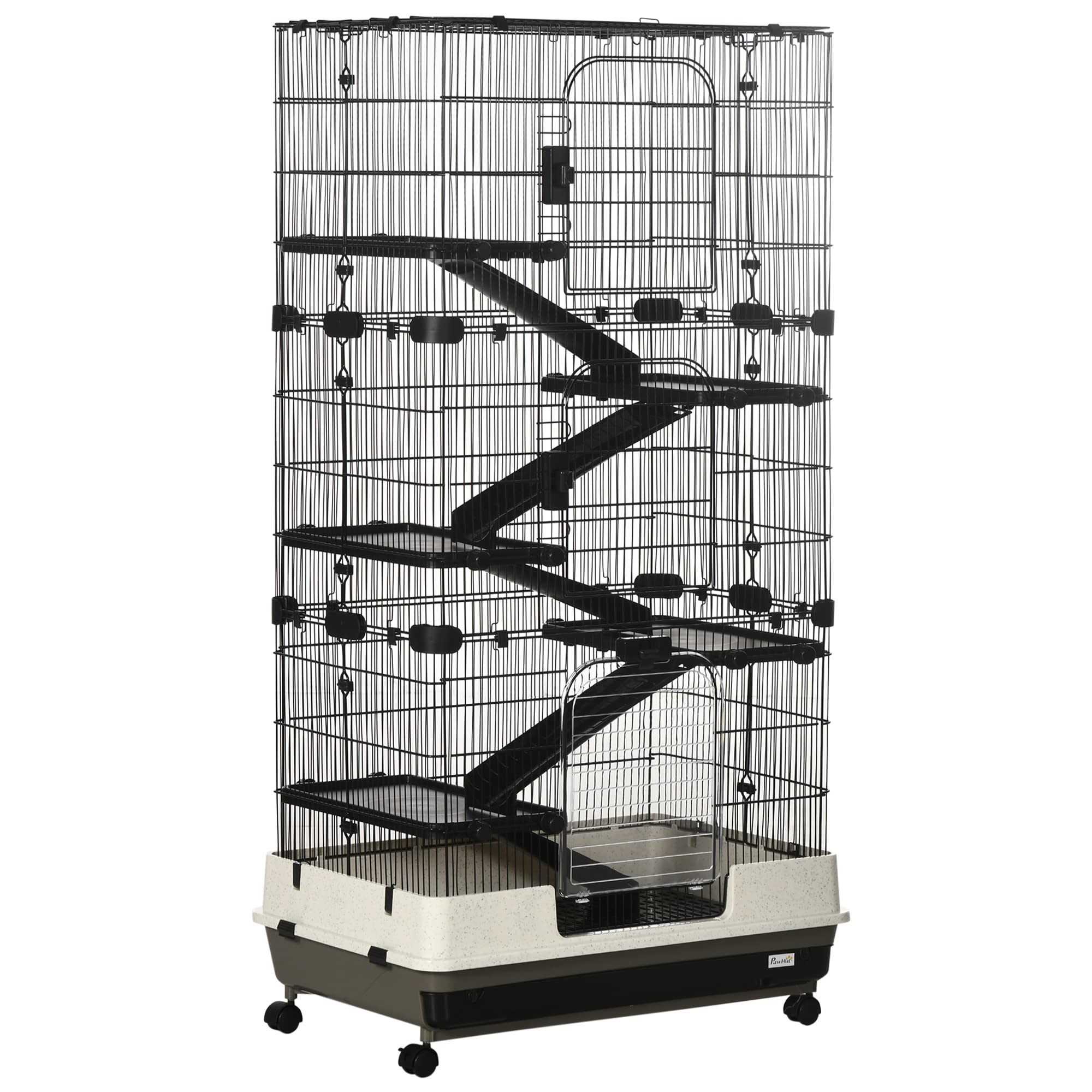 Pawhut 59.5' Small Animal Cage With Wheels, 6-Level Portable Bunny Cage, Chinchilla Ferret Cage With Removable Tray, Platform And Ramp