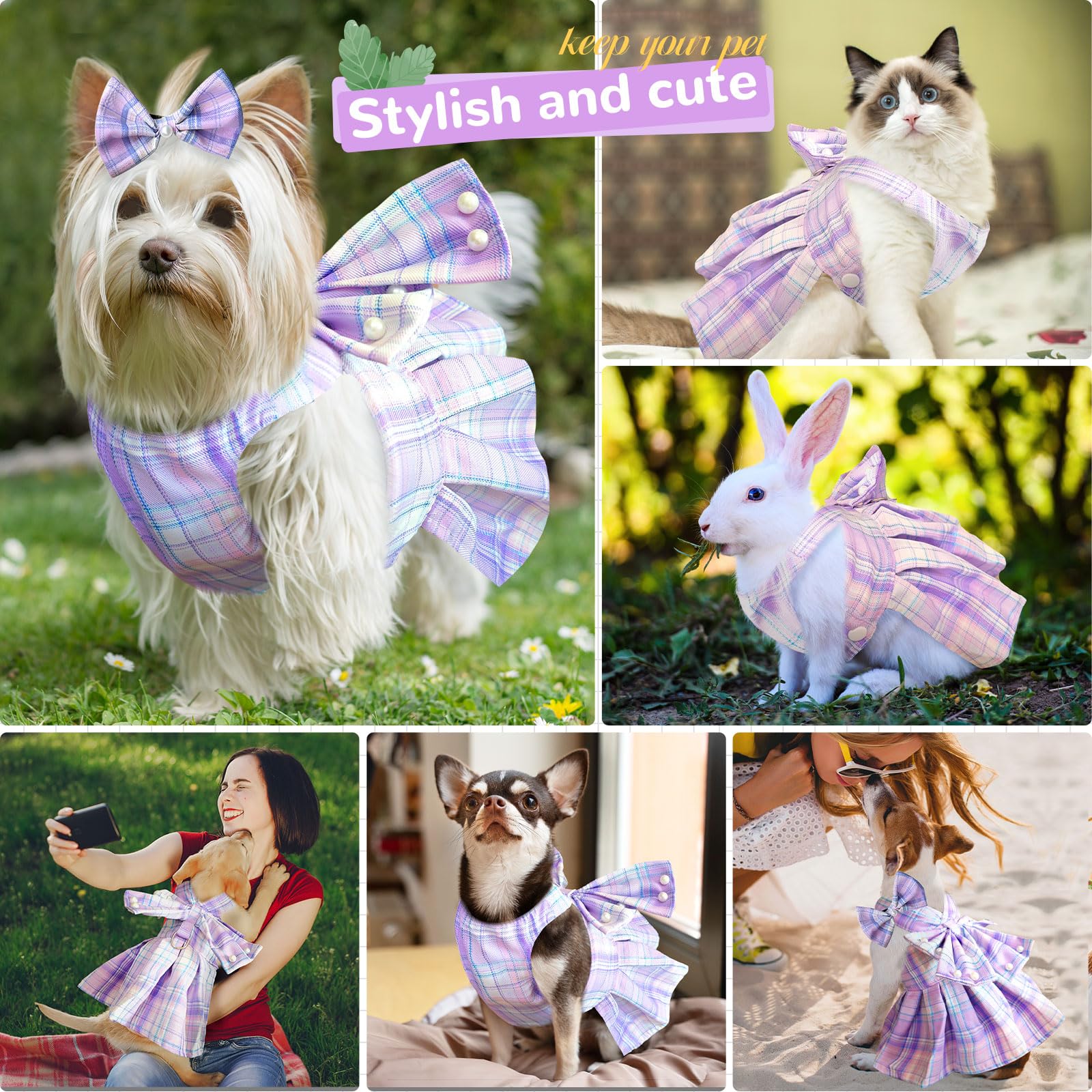 Petcare Cute Dog Dress Clothes For Small Dogs Cats Girl Female Purple Plaid Bow Tie Dog Harness Dresses Leash Set With Pearls Bo