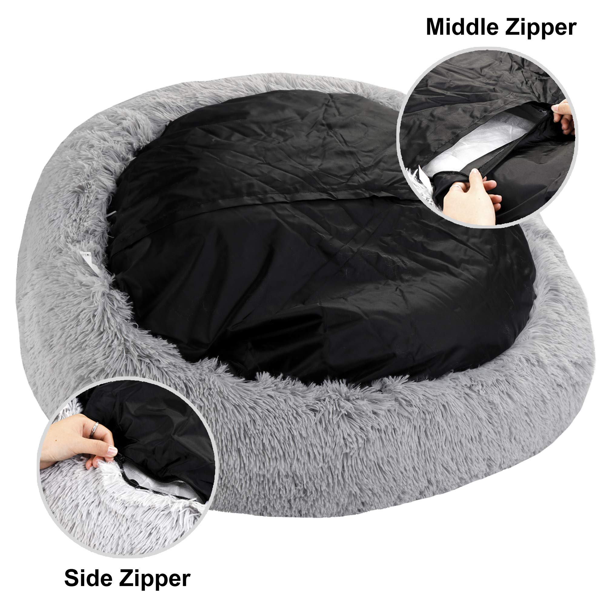 Donut Dog Bed Calming Ultra Soft Shag Faux Fur Dog Bed Comfortable Donut Cuddler For Dogs And Cats,Self Warming And Washable (30 Inches, Grey)