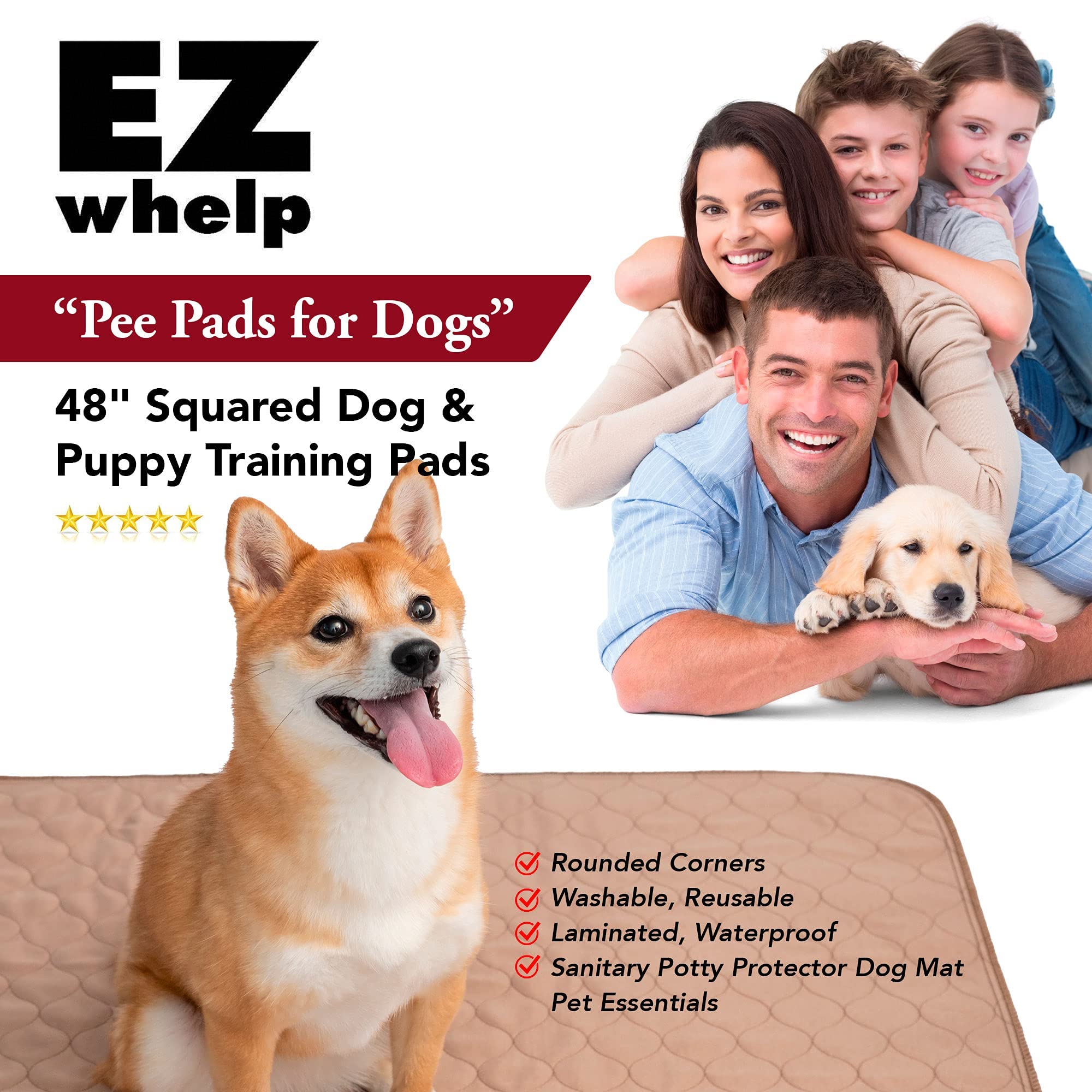 Ezwhelp Reusable Dog Pee Pads - Waterproof Training Pads For Dogs, Washable & Sanitary, Rounded Corners, Laminated, Lightweight,