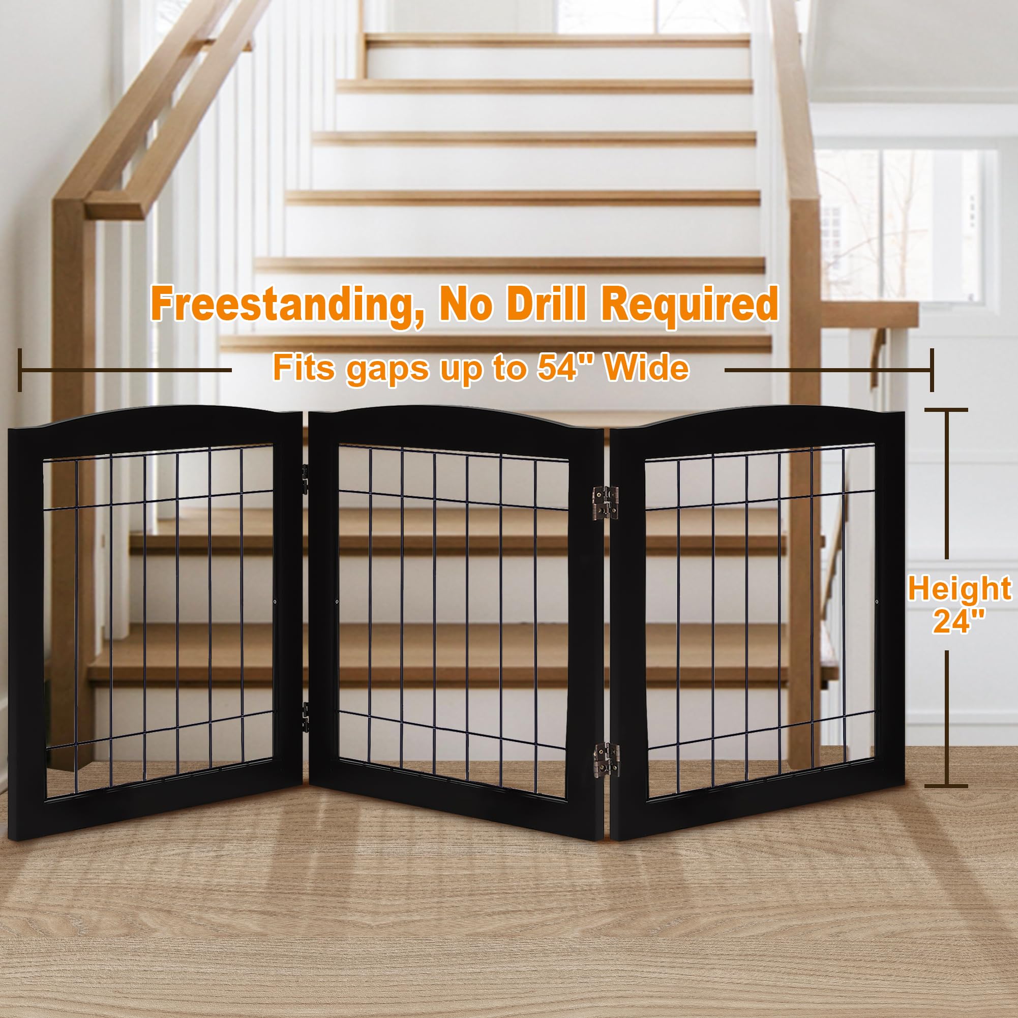 Lzrs 3-Panel Freestanding Foldable Wooden Dog Gate -Solid Wood & Steel Wire Chew-Resistant Indoor Safety Pet Fence For Doorways