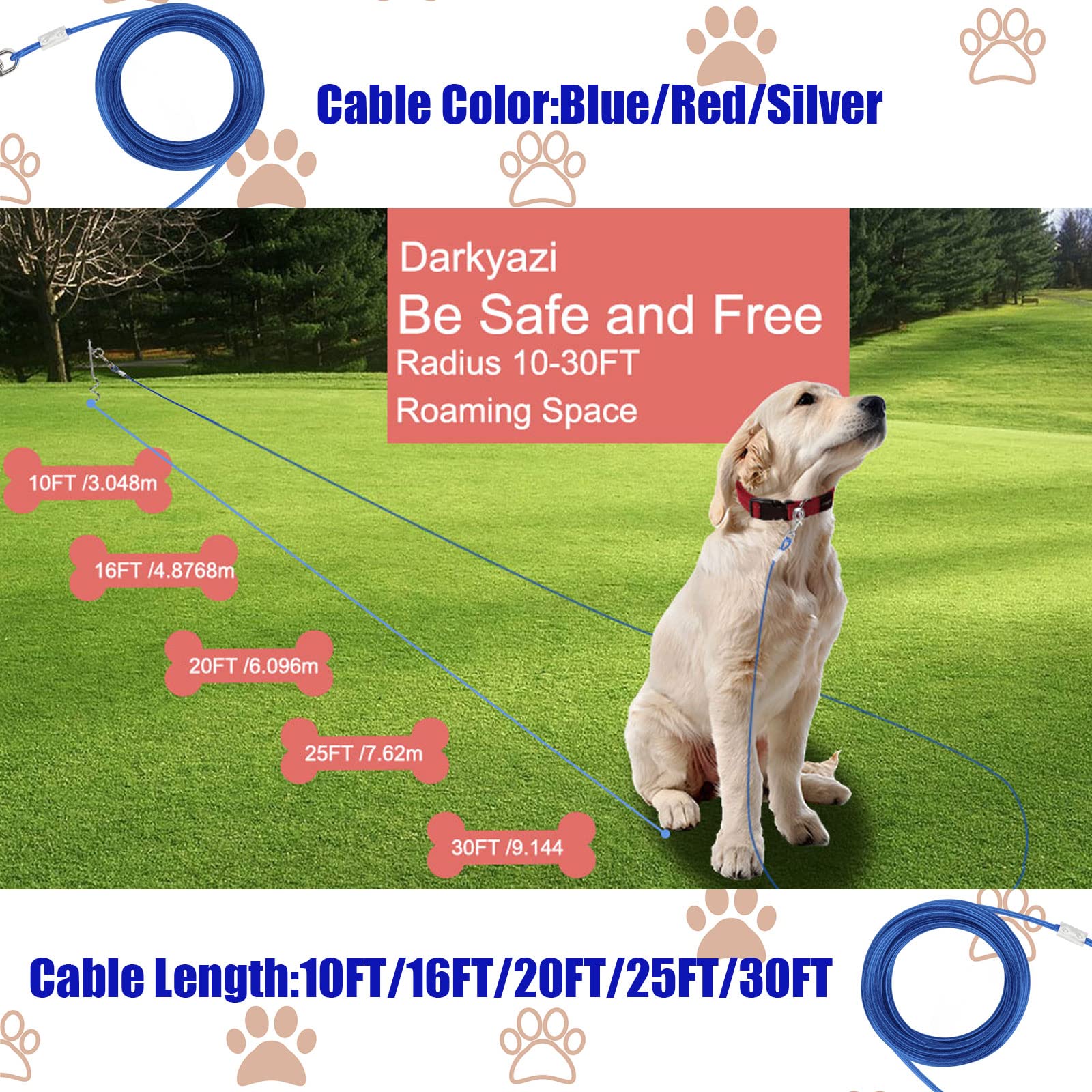 Darkyazi Dog Stake Tie Out Cable and Reflective Stake 16 ft Outdoor, Yard and Camping, for Medium to Large Dogs Up to 125 lbs (3