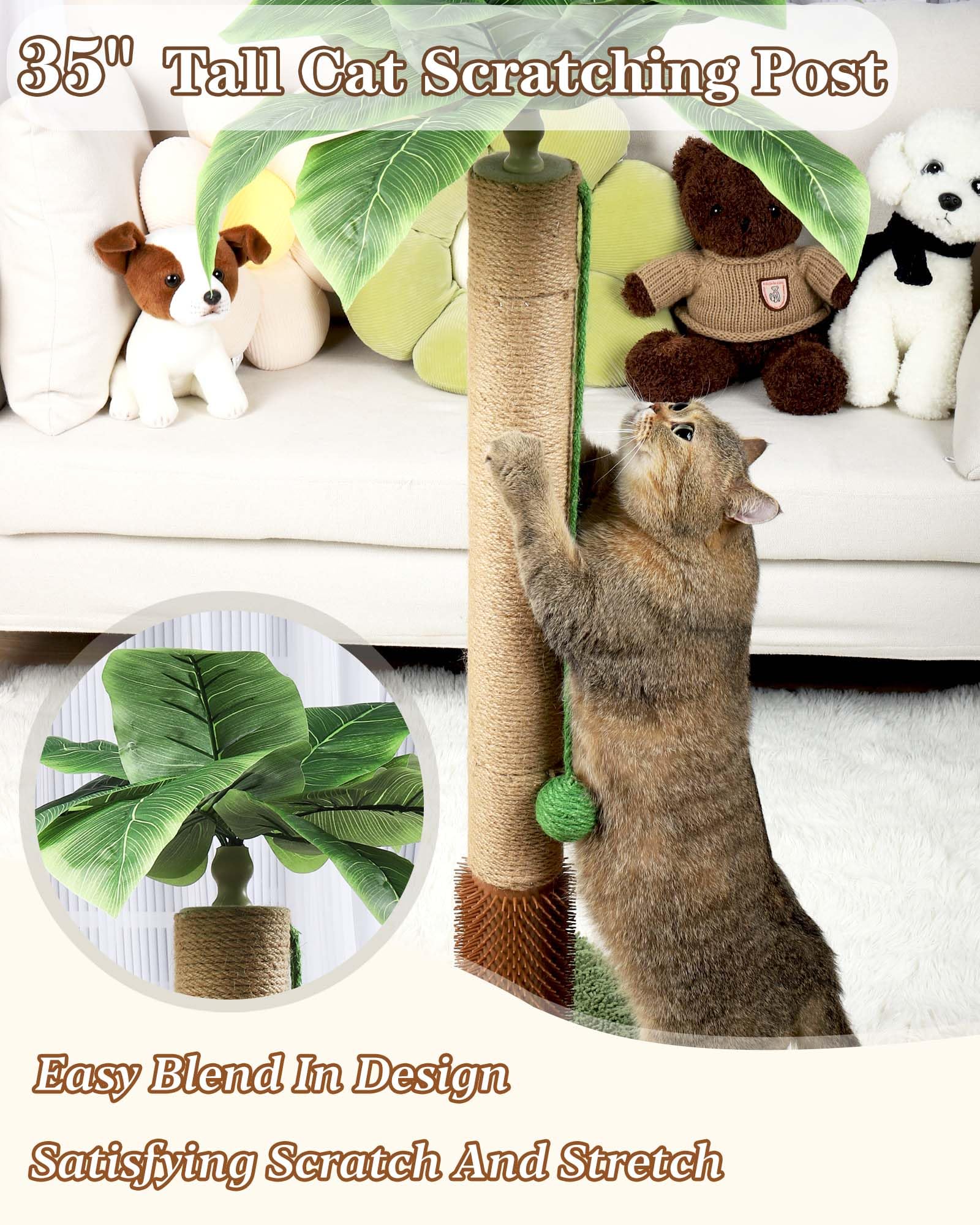 Anwa 35'' Tall Cat Scratching Post For Kitten And Large Cats, Scratching Post For Indoor Cats With Self-Grooming Rubber Brush, C