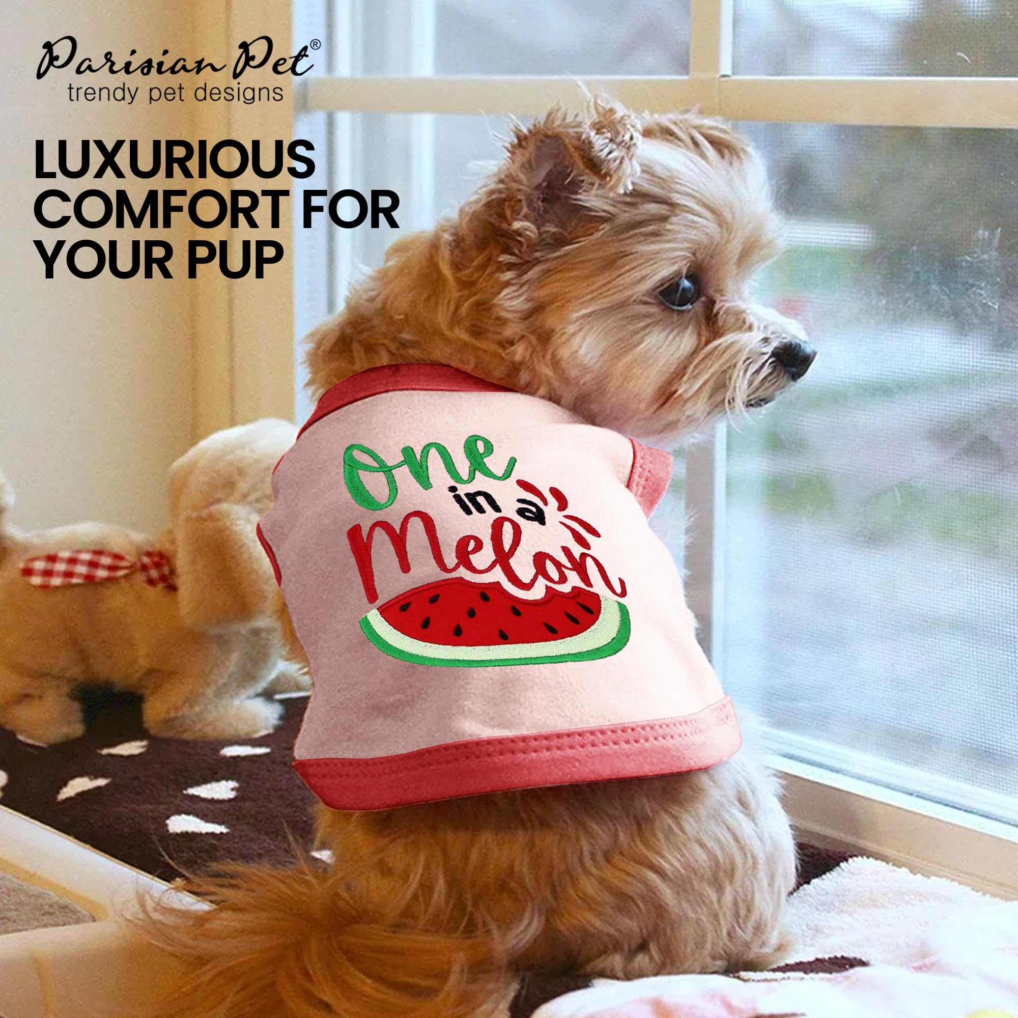 Parisian Pet Dog Tshirt - Embroidered  One In A Melon  Tank Top - 100% Cotton And Lightweight Dog Clothes - Sleeveless Tee Shirt