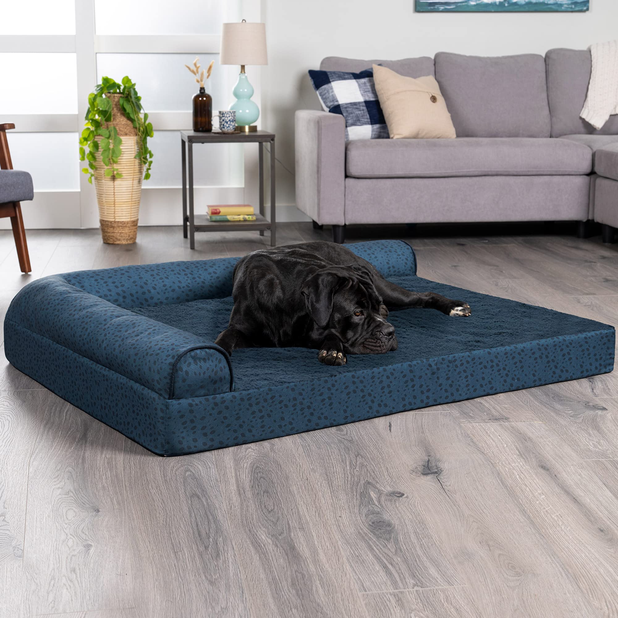 Furhaven Orthopedic Dog Bed For Large Dogs W/ Removable Bolsters & Washable Cover, For Dogs Up To 125 Lbs - Plush & Almond Print