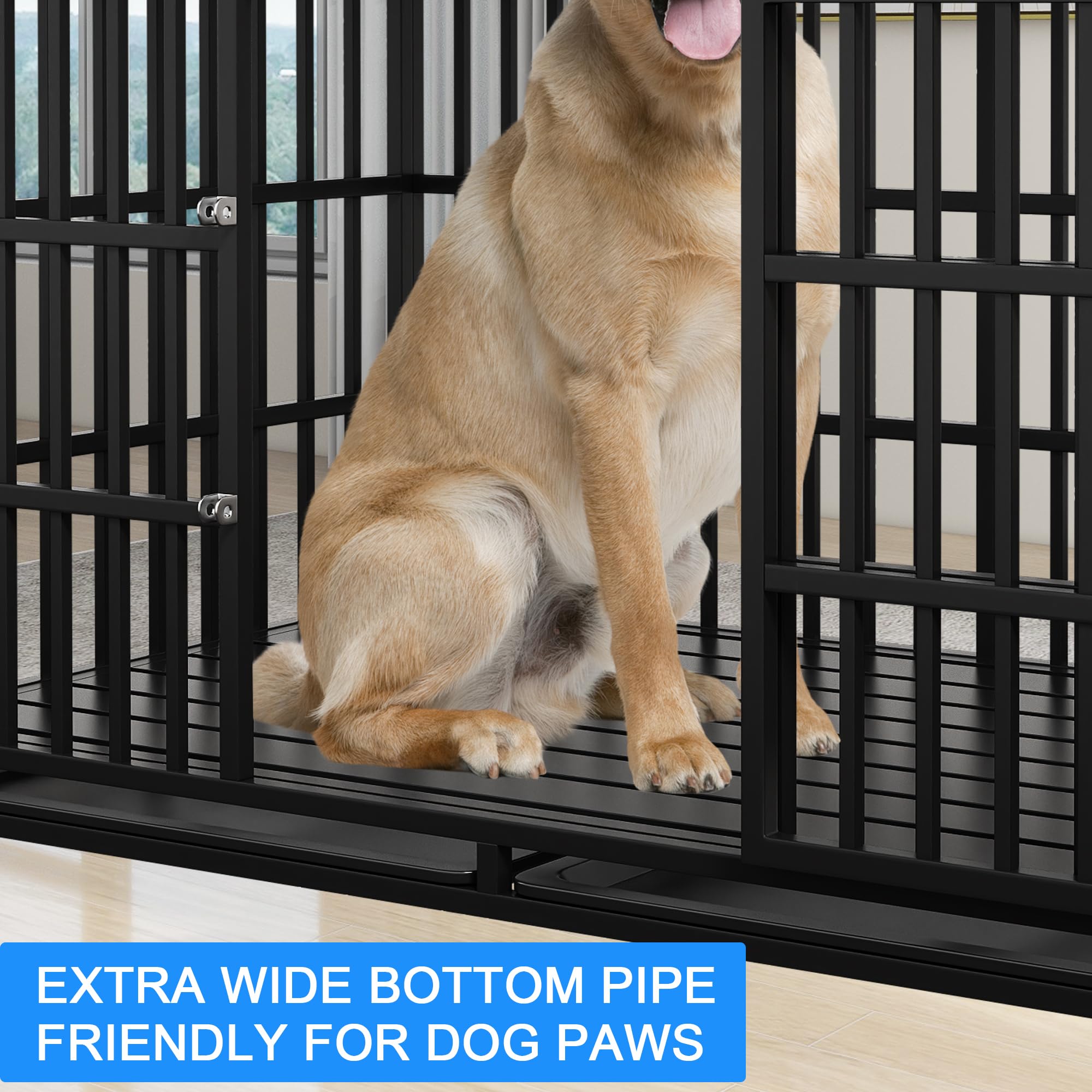 Heavy Duty Dog Crate 54 Inch Xl Large Pet Dog Cage Crate Kennel With Roof Top 2 Doors Removable Trays, Lockable Wheels Escape-Pr