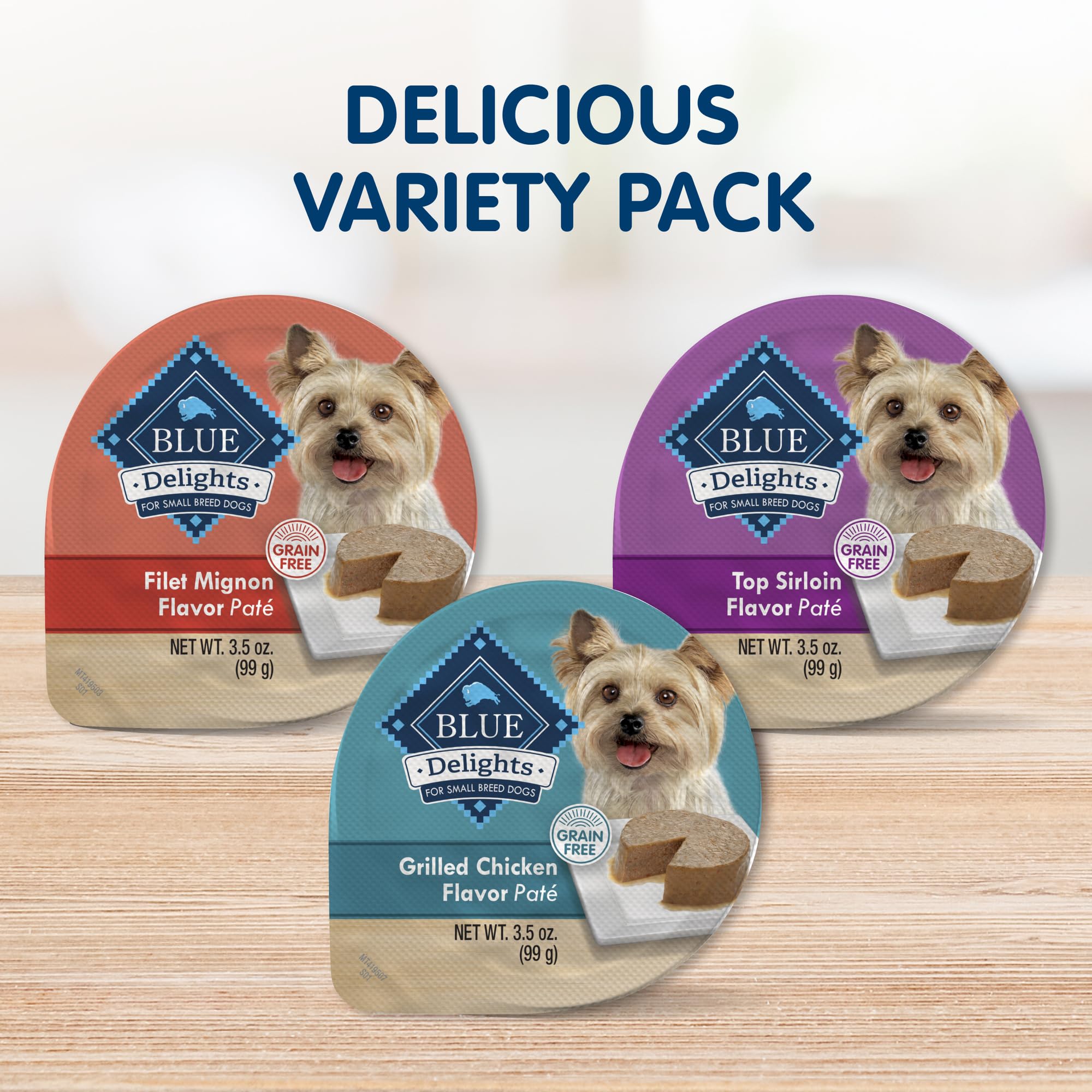 Blue Buffalo Delights Natural Adult Small Breed Wet Dog Food Cups, Pate Style, Chicken, Top Sirloin, and Filet Mignon 3.5-oz (24