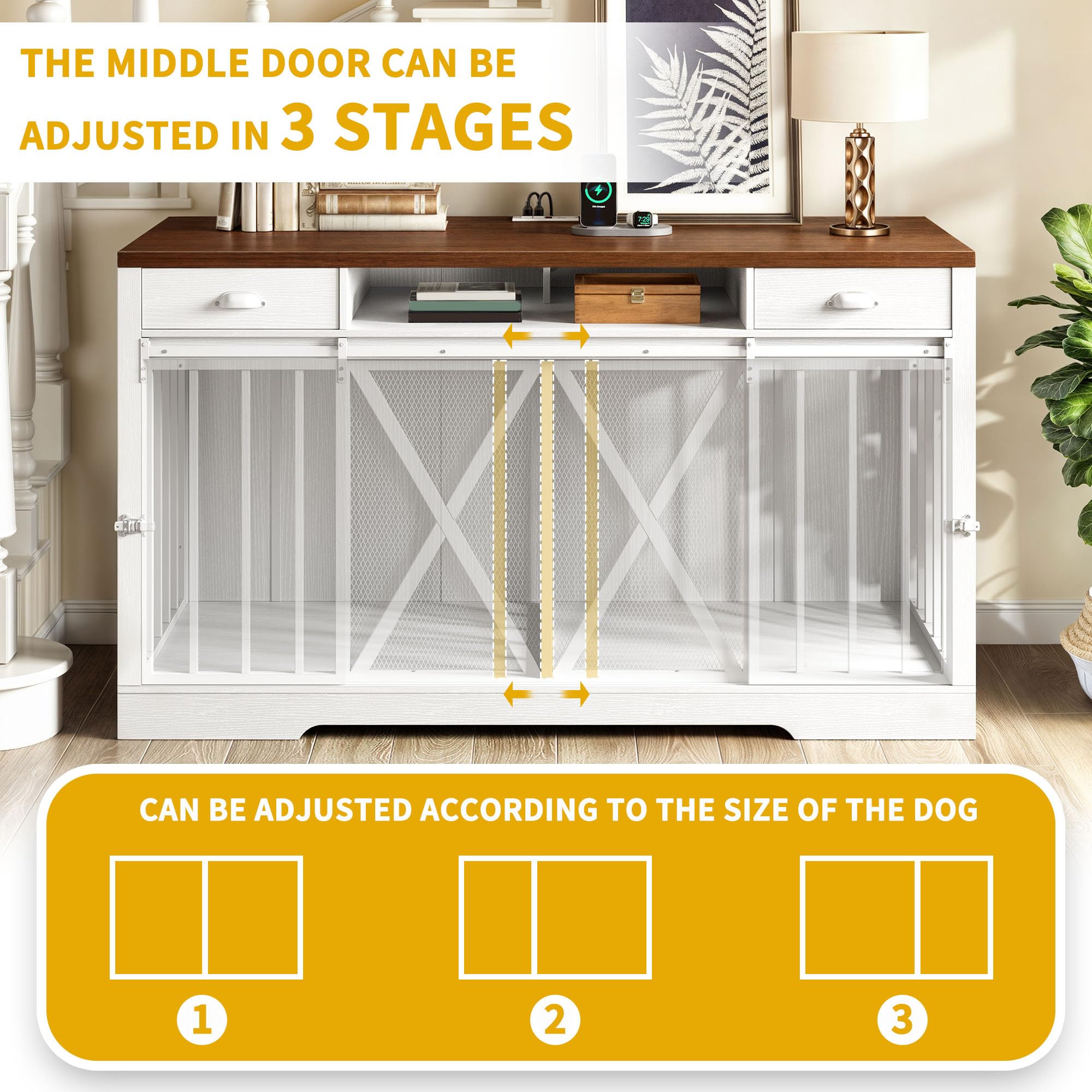 DWVO Double Dog Crate Furniture, Heavy Duty Wooden TV Stand, 62.6"L x 23.2"W x 35.4"H, White, Model MADWVd2h6